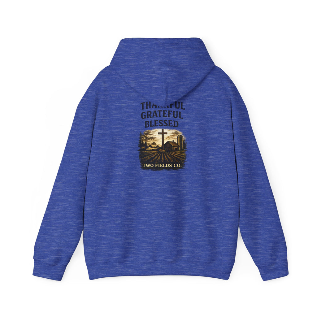 Heather blue Christian cross hoodie with back graphic: thankful, grateful, blessed