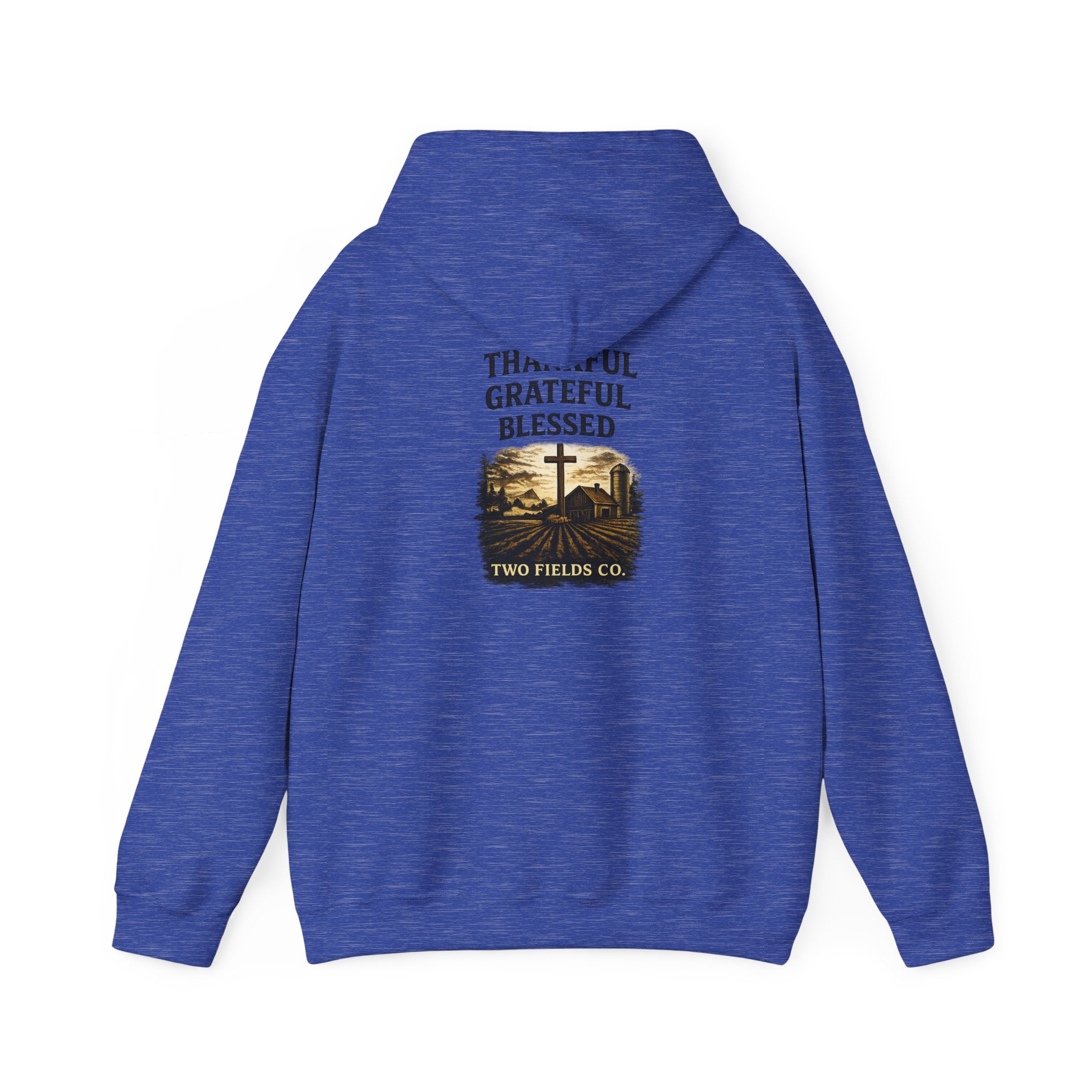 Heather blue Christian cross hoodie with back graphic: thankful, grateful, blessed