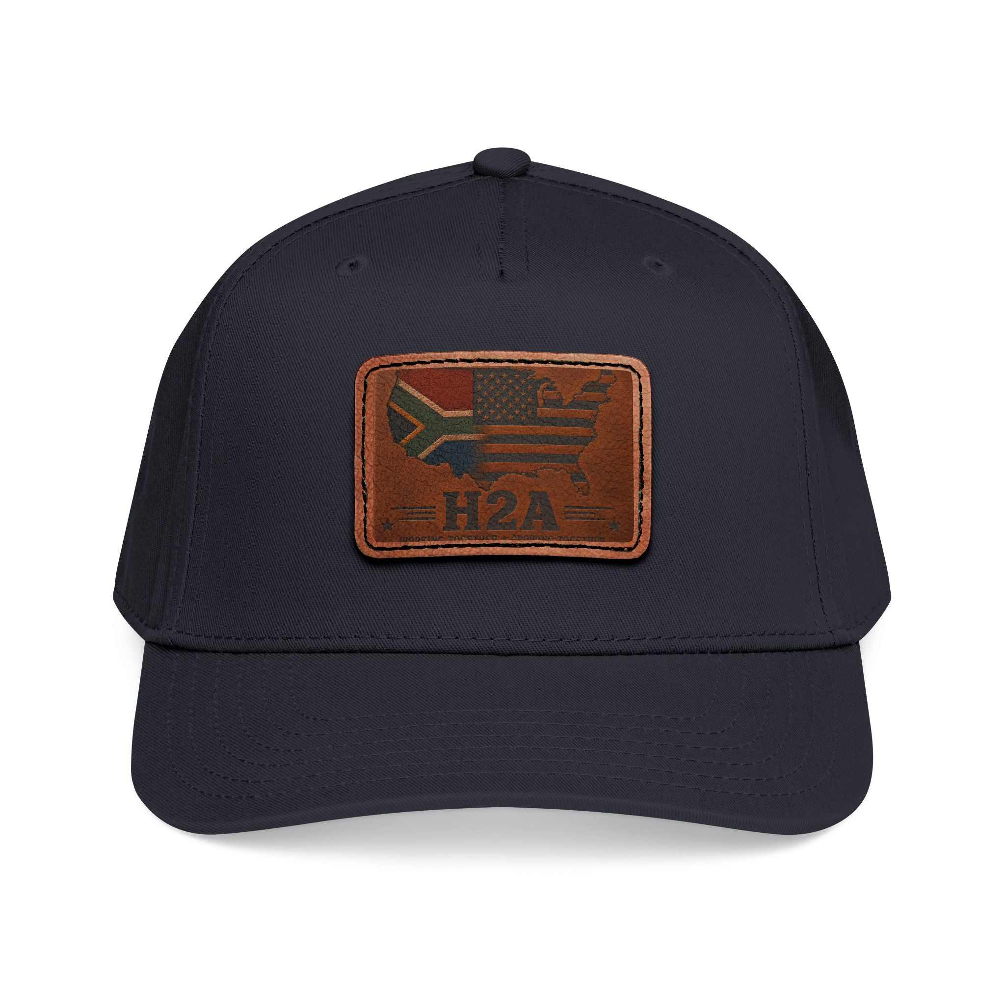 Navy baseball cap with rectangular H2A flag leather patch