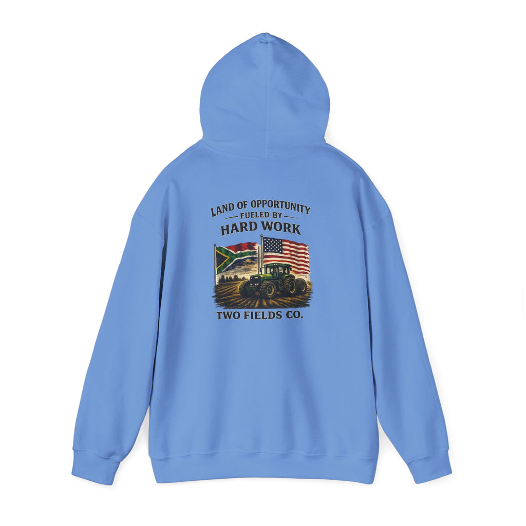 Light blue hoodie with hood and back tractor graphic with "Hard Work" text