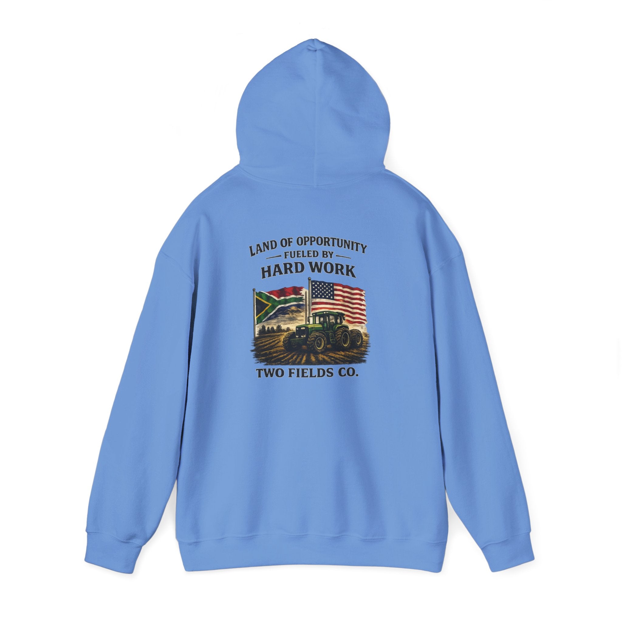 Light blue hoodie with hood and back tractor graphic with "Hard Work" text