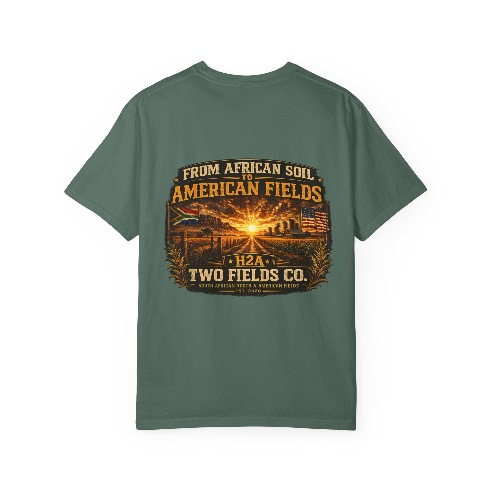 Green t-shirt with vintage farm sunset graphic and “From African Soil to American Fields” text