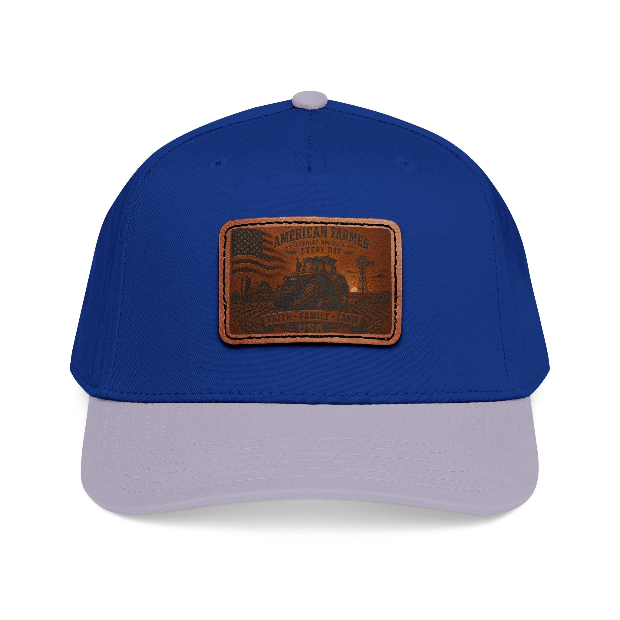 Leather patch baseball cap, royal blue with tan rectangular leather front patch