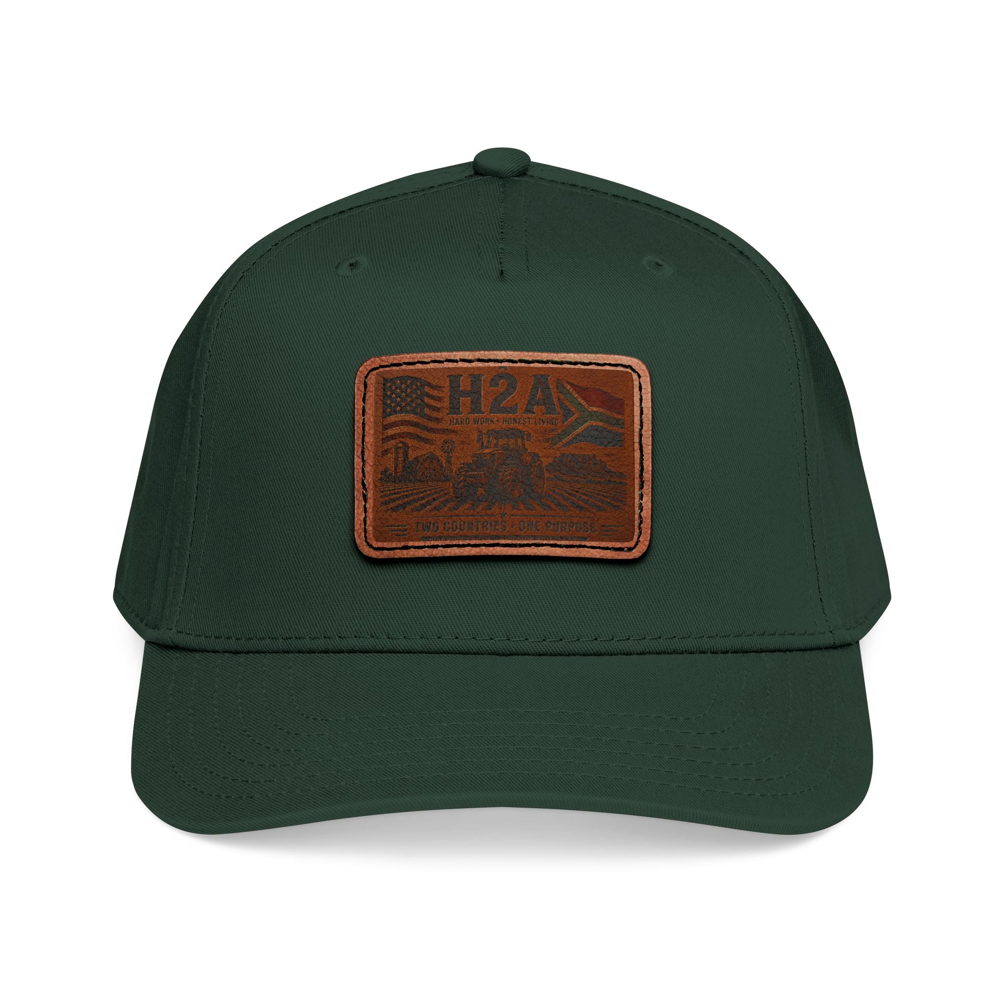 Dark green baseball cap with rectangular leather patch H2A outdoor logo