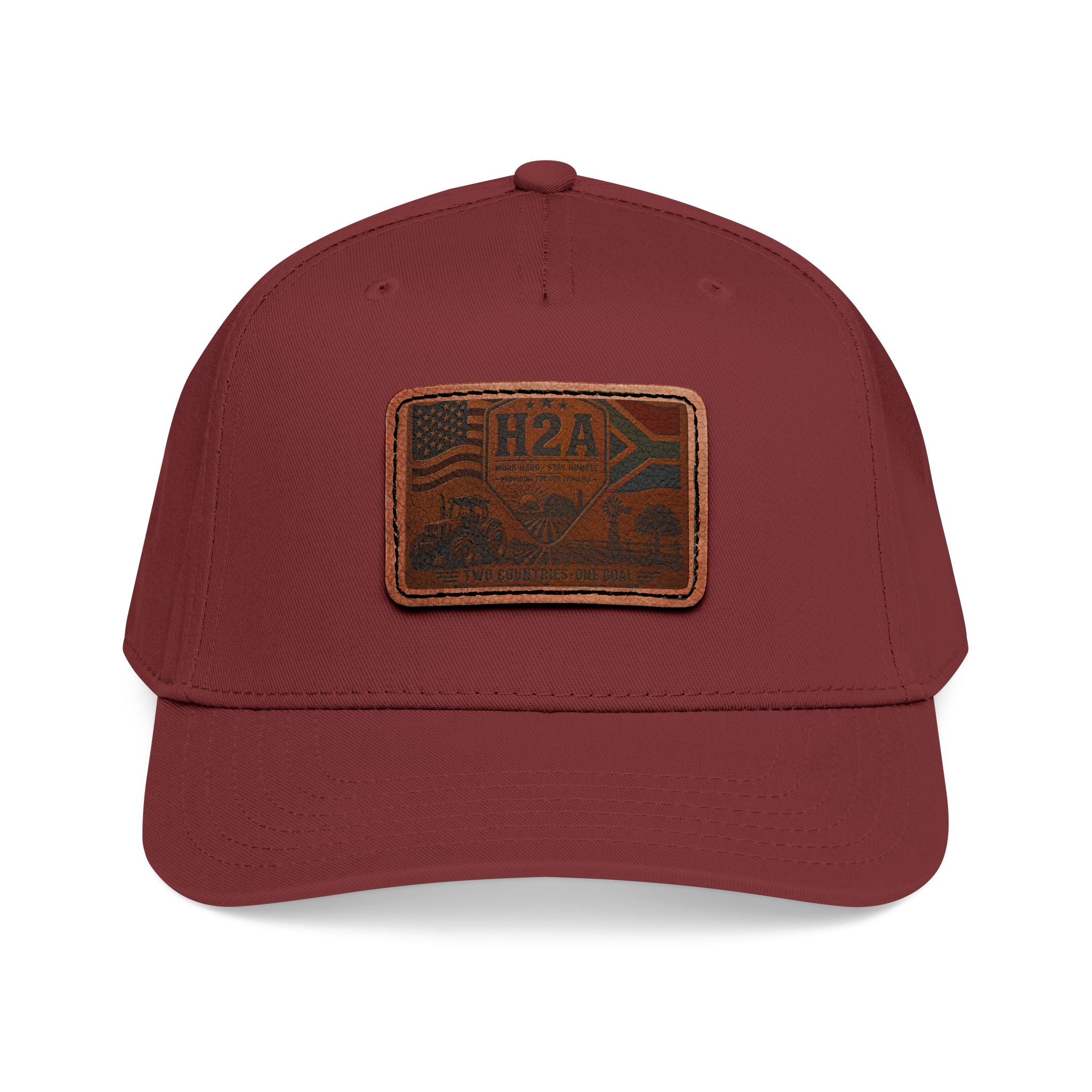 Maroon baseball cap with rectangular brown H2A flag patch on front