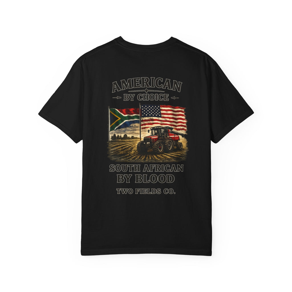 Black graphic T-shirt with American by Choice South African by Blood text and emblem