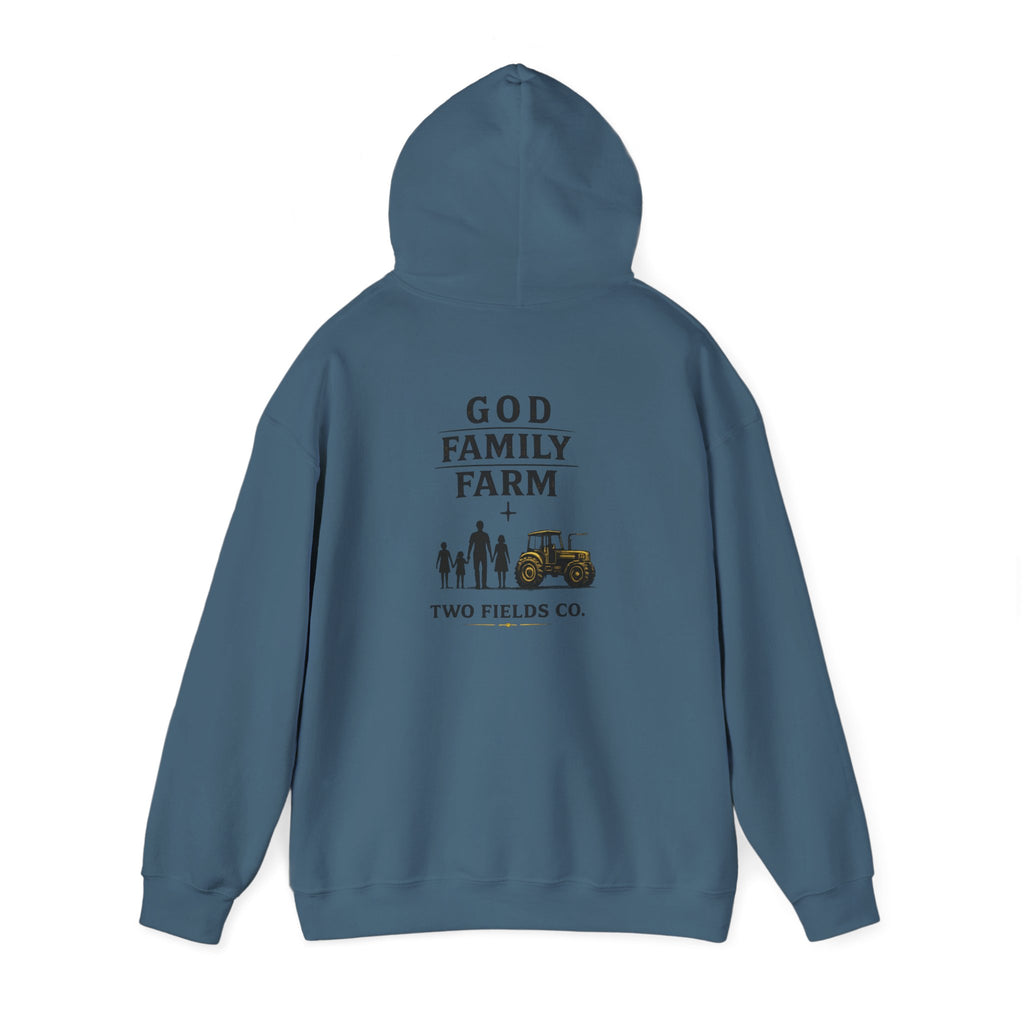 Blue hoodie with back print reading "God Family Farm" and tractor graphic