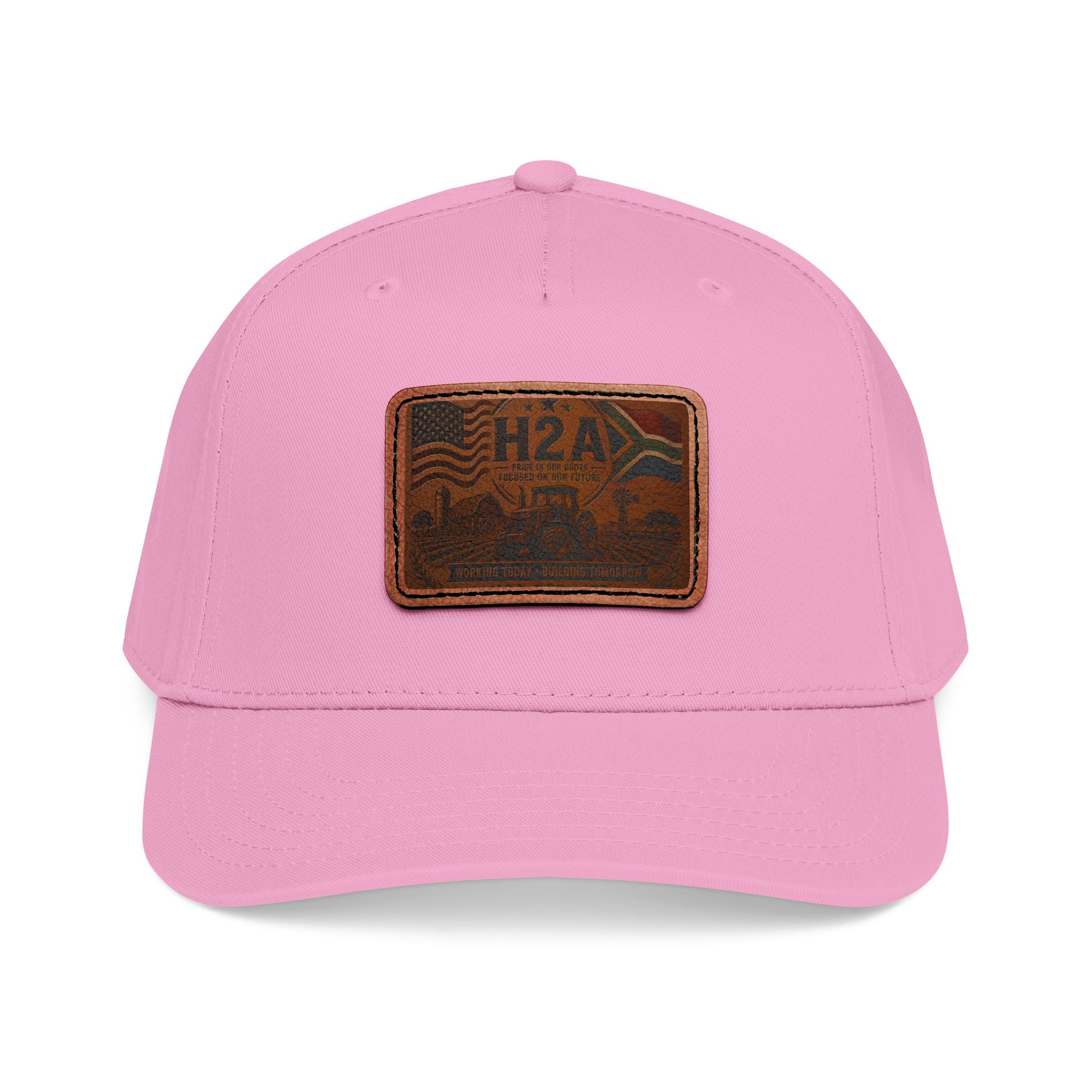 Two-tone baseball cap with H2A leather patch; pink crown and pink brim