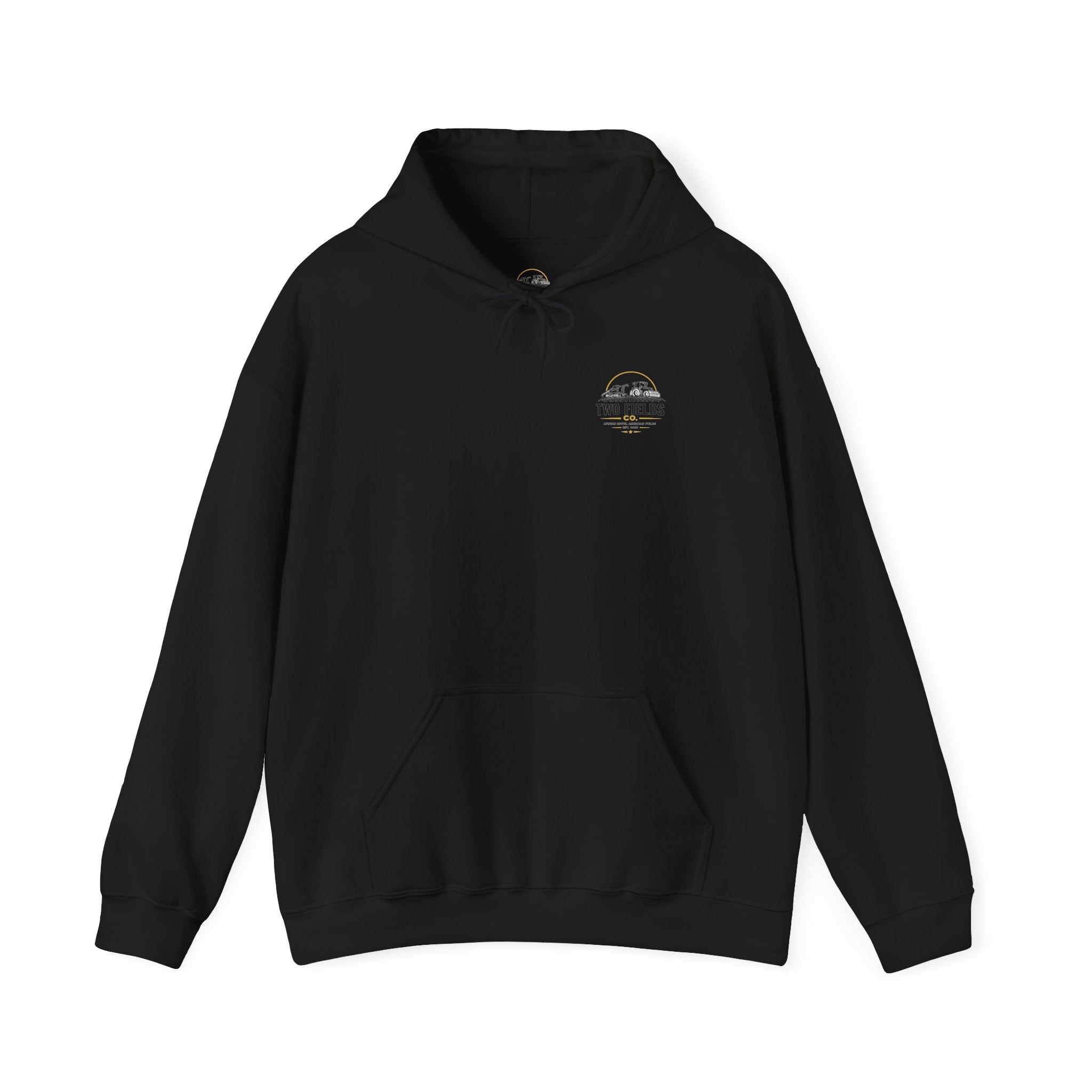 Two Fields Co. vintage tractor hoodie, black, front chest logo, hood with drawstrings