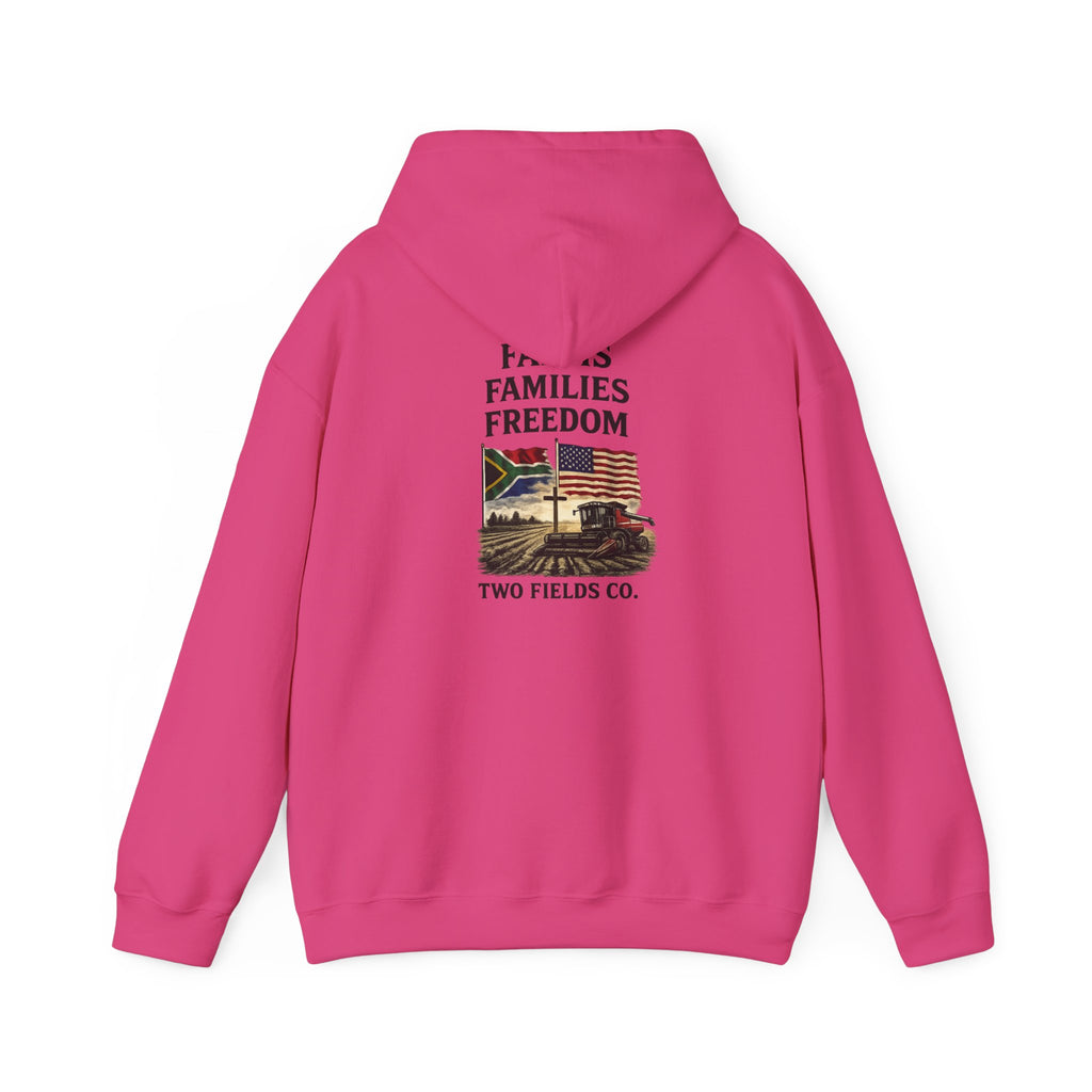 Hot pink pullover hoodie with hood and 'Farms Families Freedom' graphic