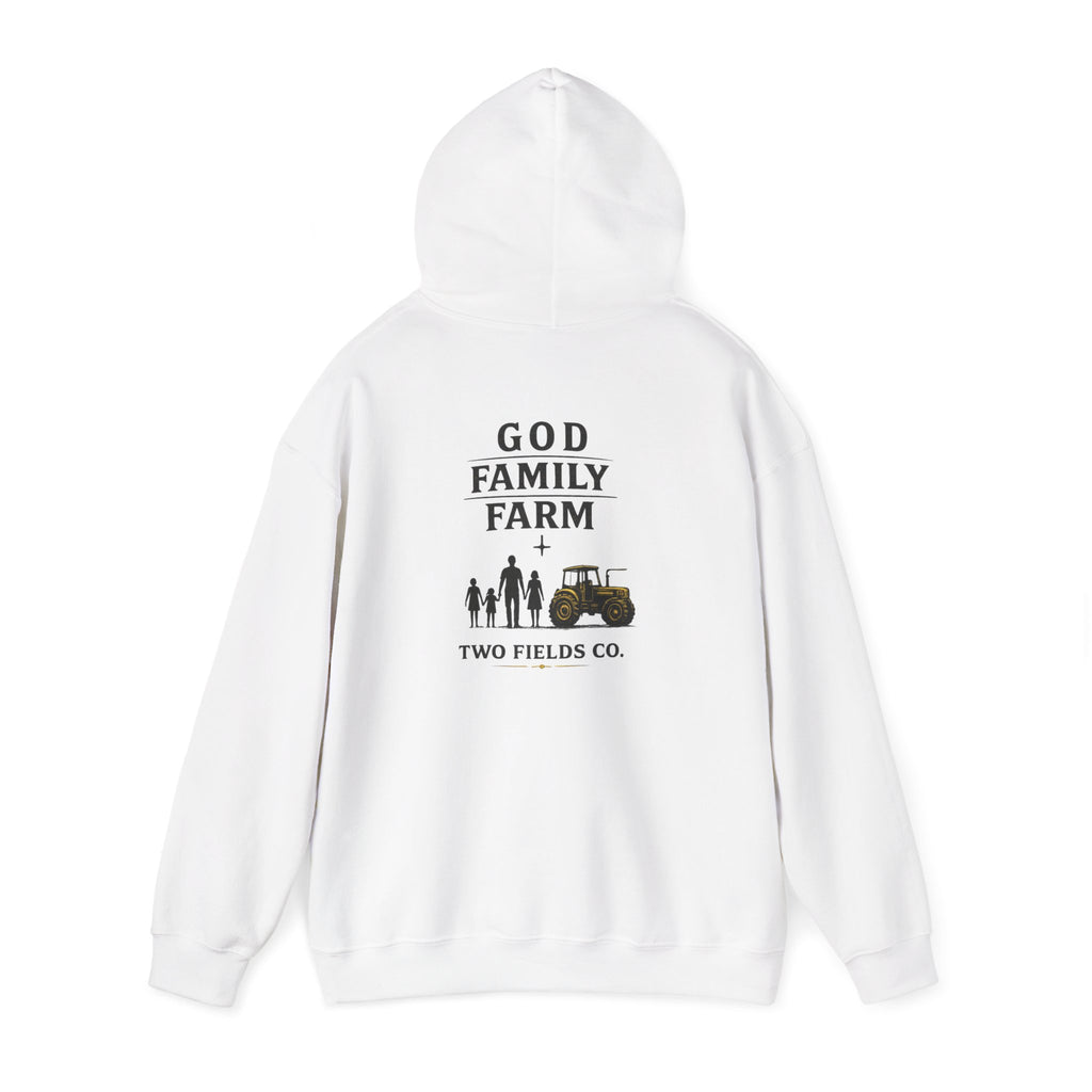 White family farm hoodie with back graphic reading GOD and showing family plus tractor