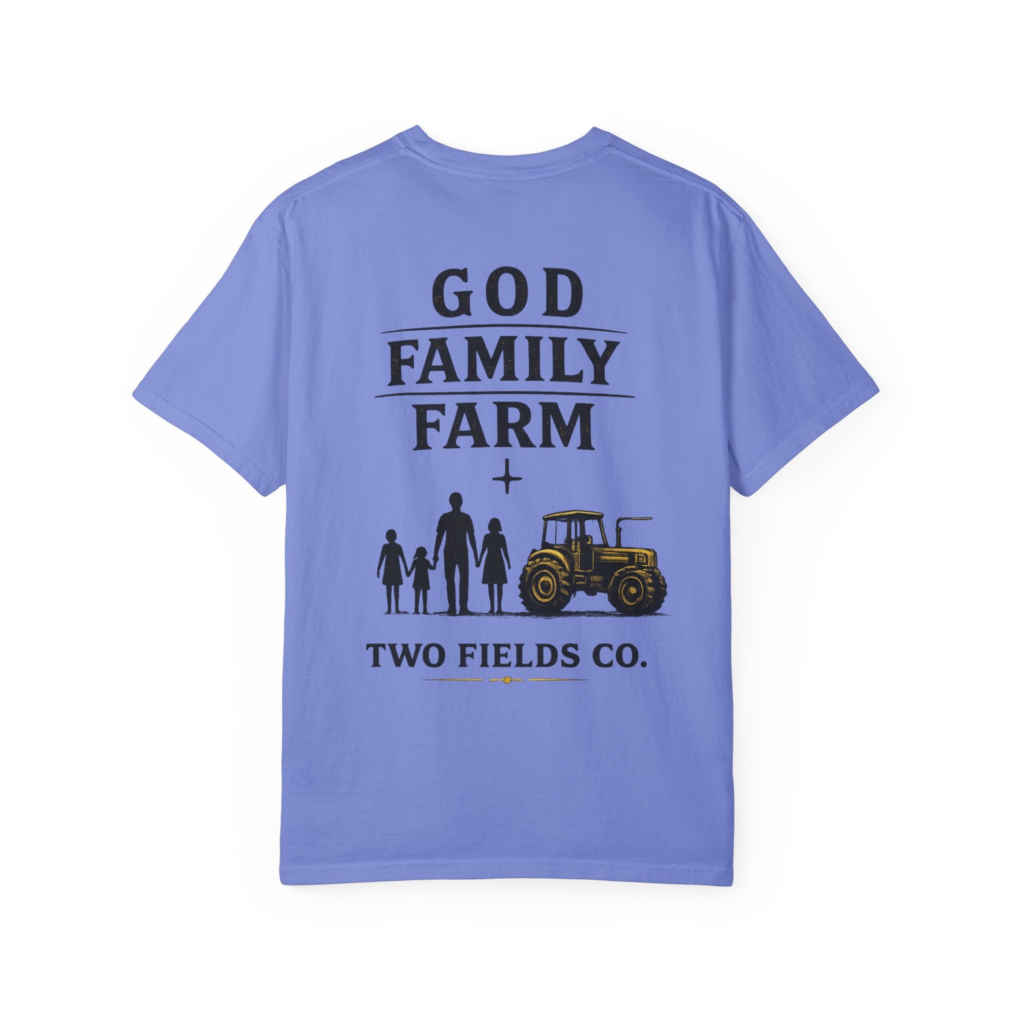 Front view light blue crewneck T-shirt with God Family Farm and tractor print