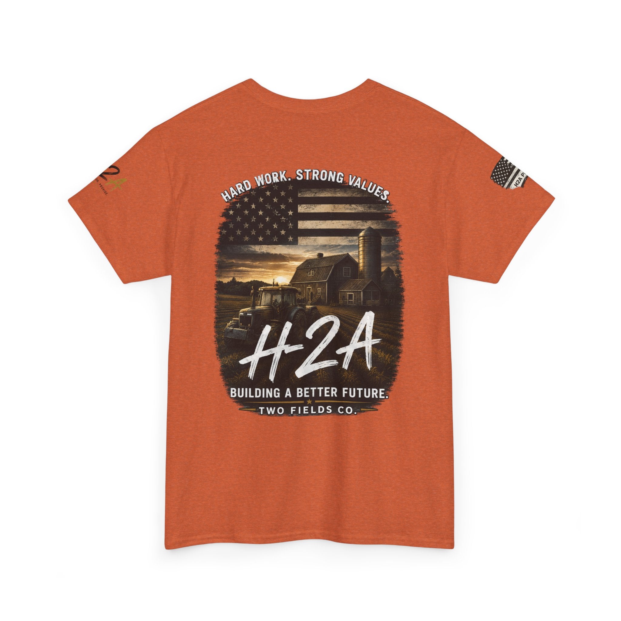 Orange farming T-shirt with large back graphic showing barn, flag, and #H2A