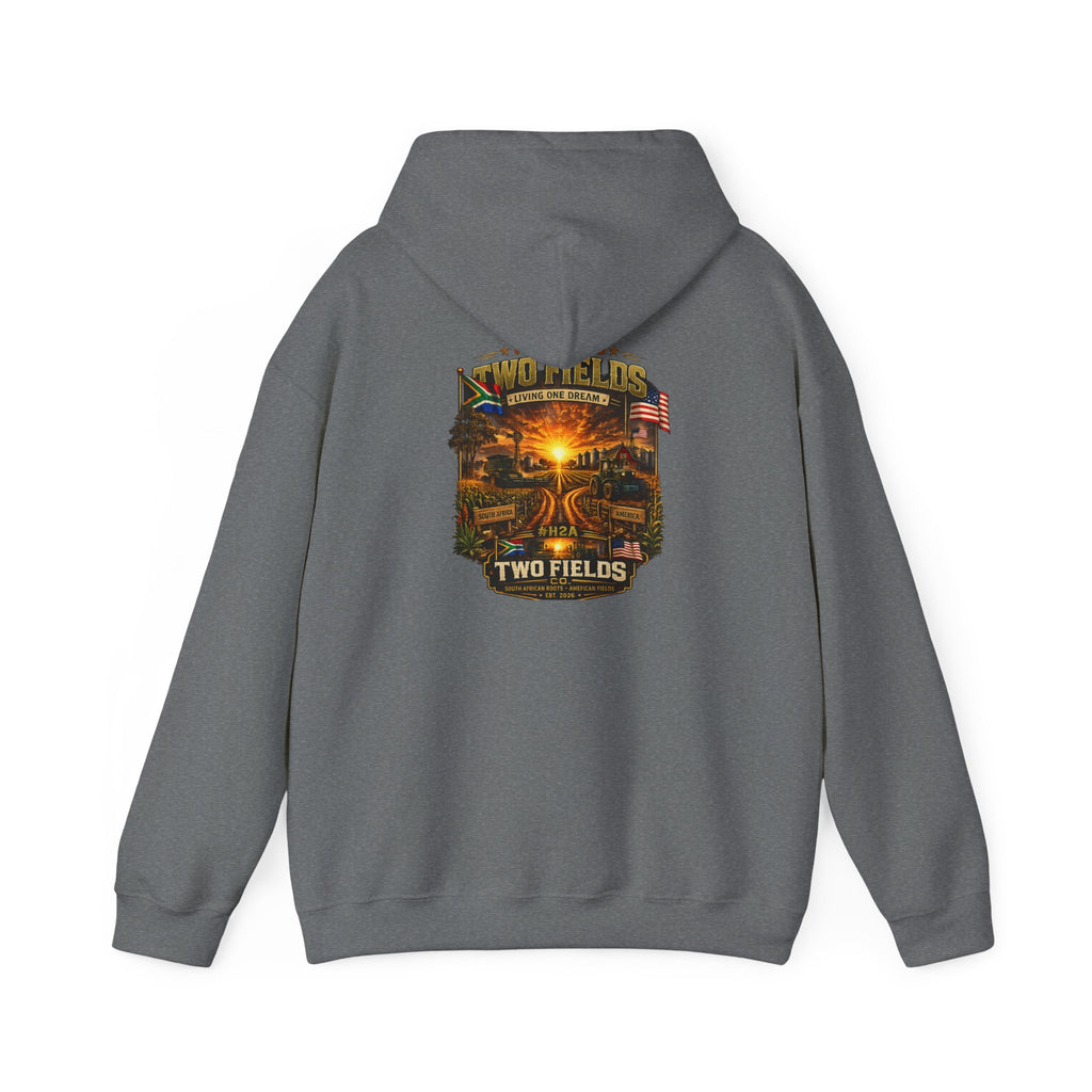 Gray pullover hoodie back with Two Fields scenic farm graphic