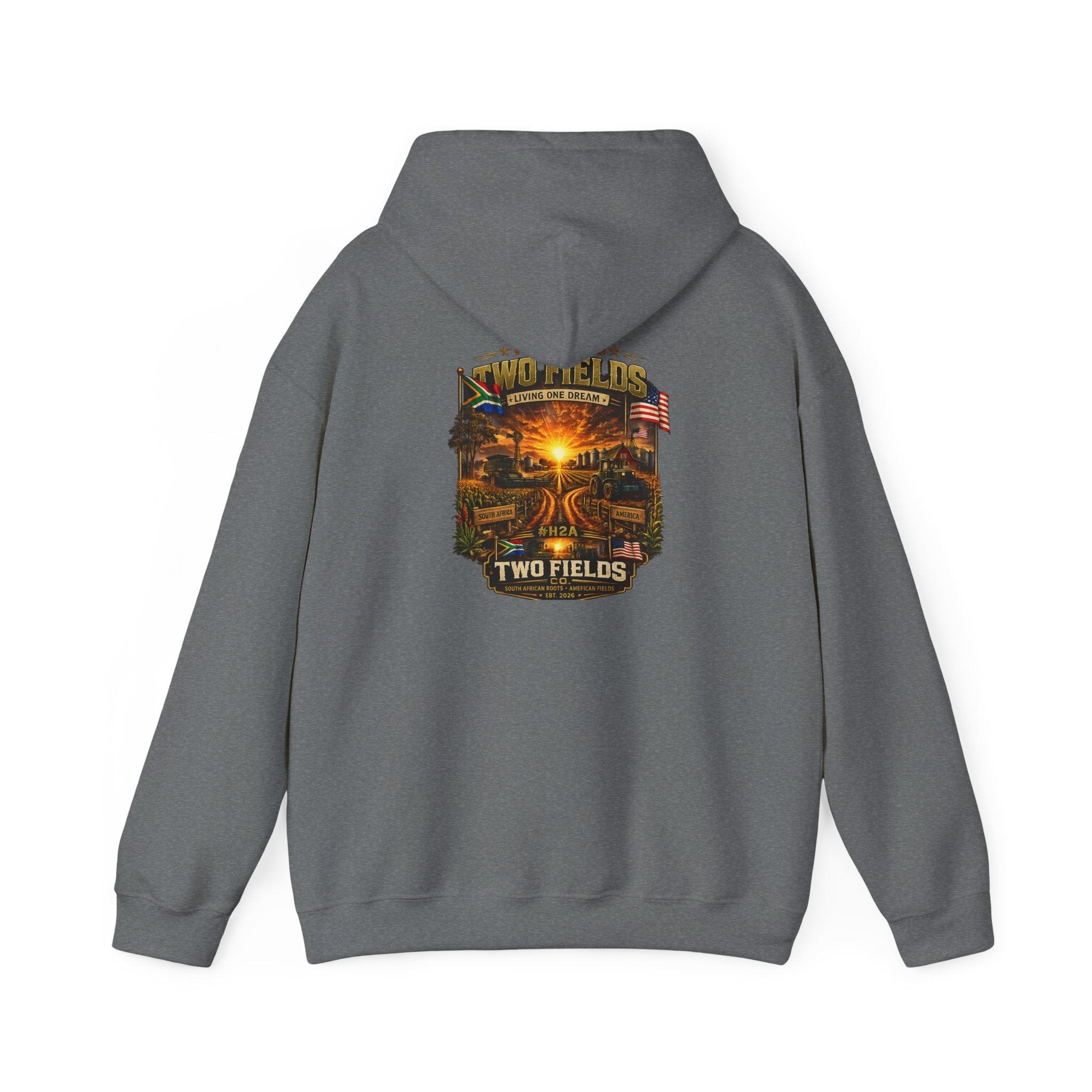 Gray pullover hoodie back with Two Fields scenic farm graphic