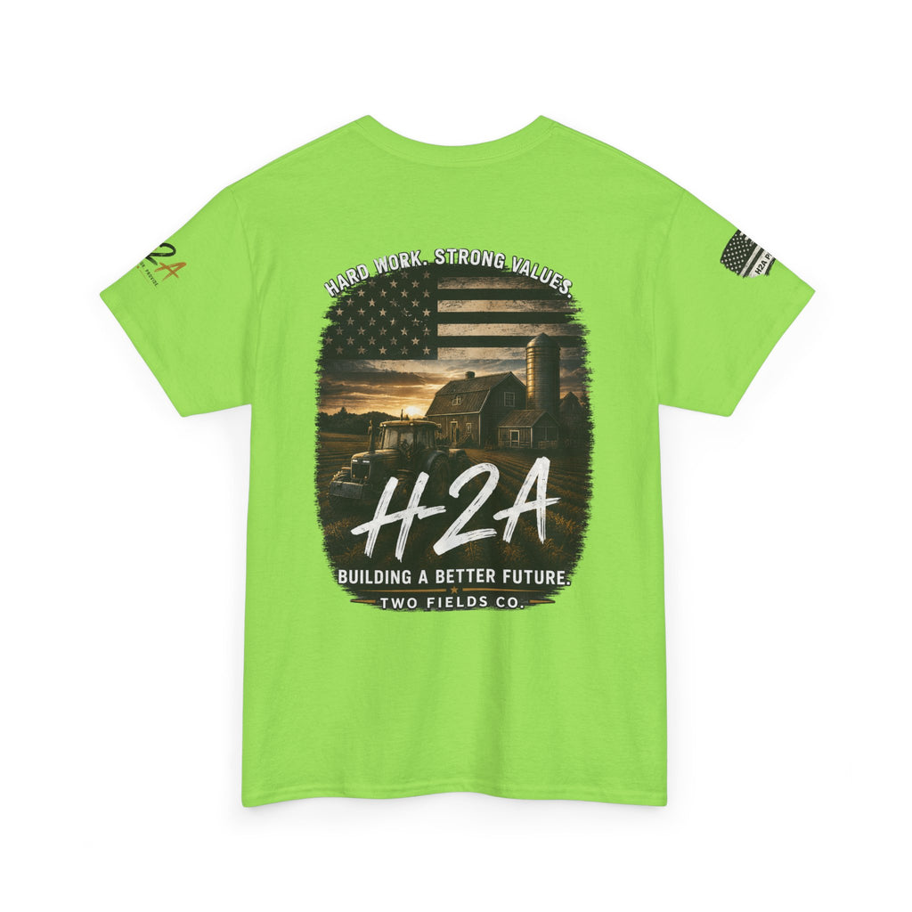 Neon green crew-neck t-shirt with large back H2A farm scene graphic