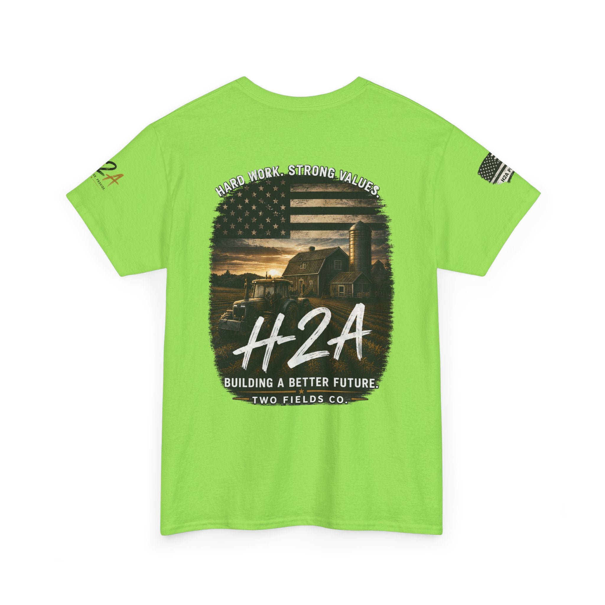 Neon green crew-neck t-shirt with large back H2A farm scene graphic