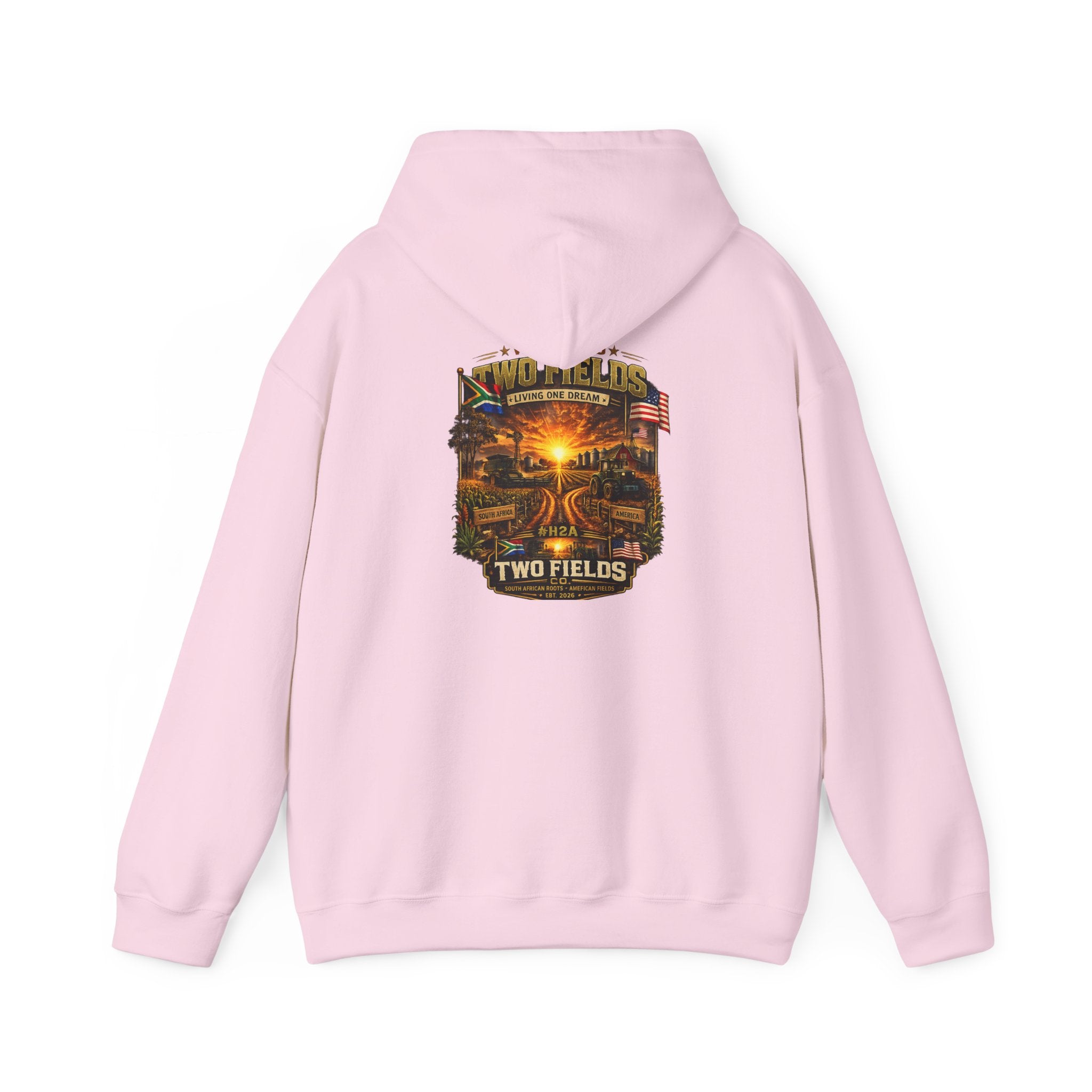Light pink hoodie with front pocket and large scenic farm graphic on chest