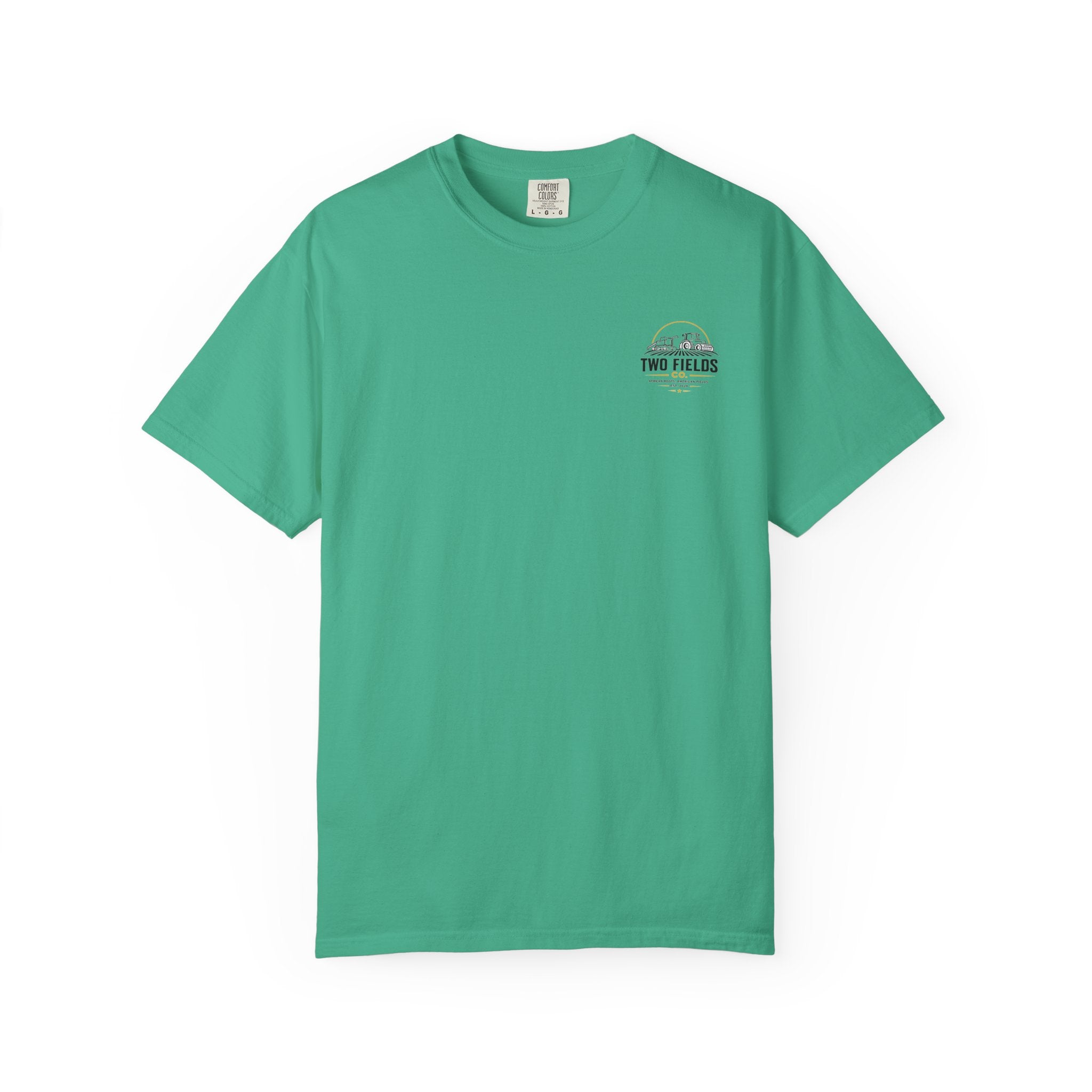 Green crew-neck T-shirt with small chest logo patch graphic