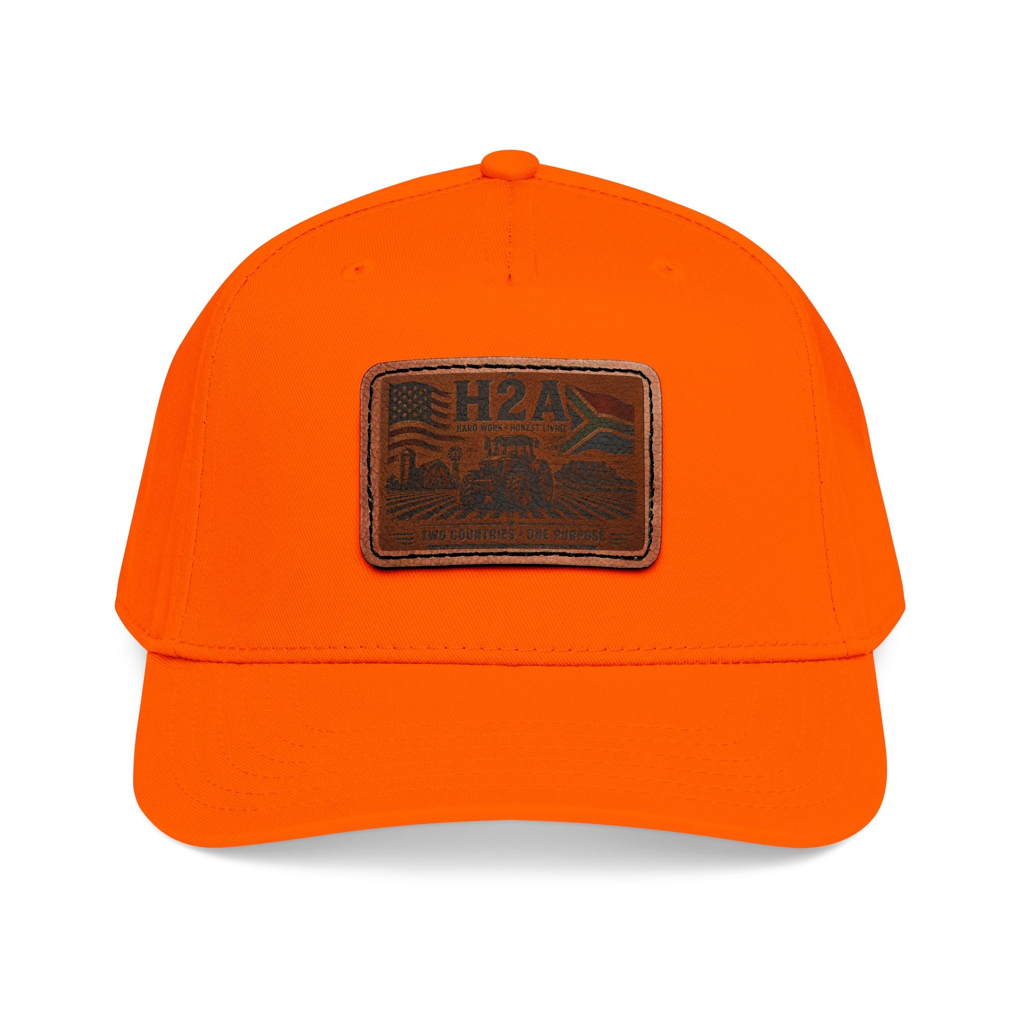 Orange baseball cap with rectangular H2A logo patch