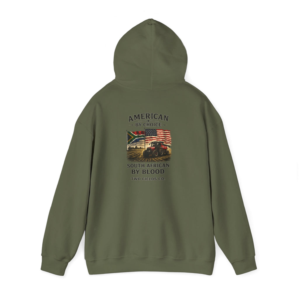 Military green pullover hoodie back view with centered graphic and hood