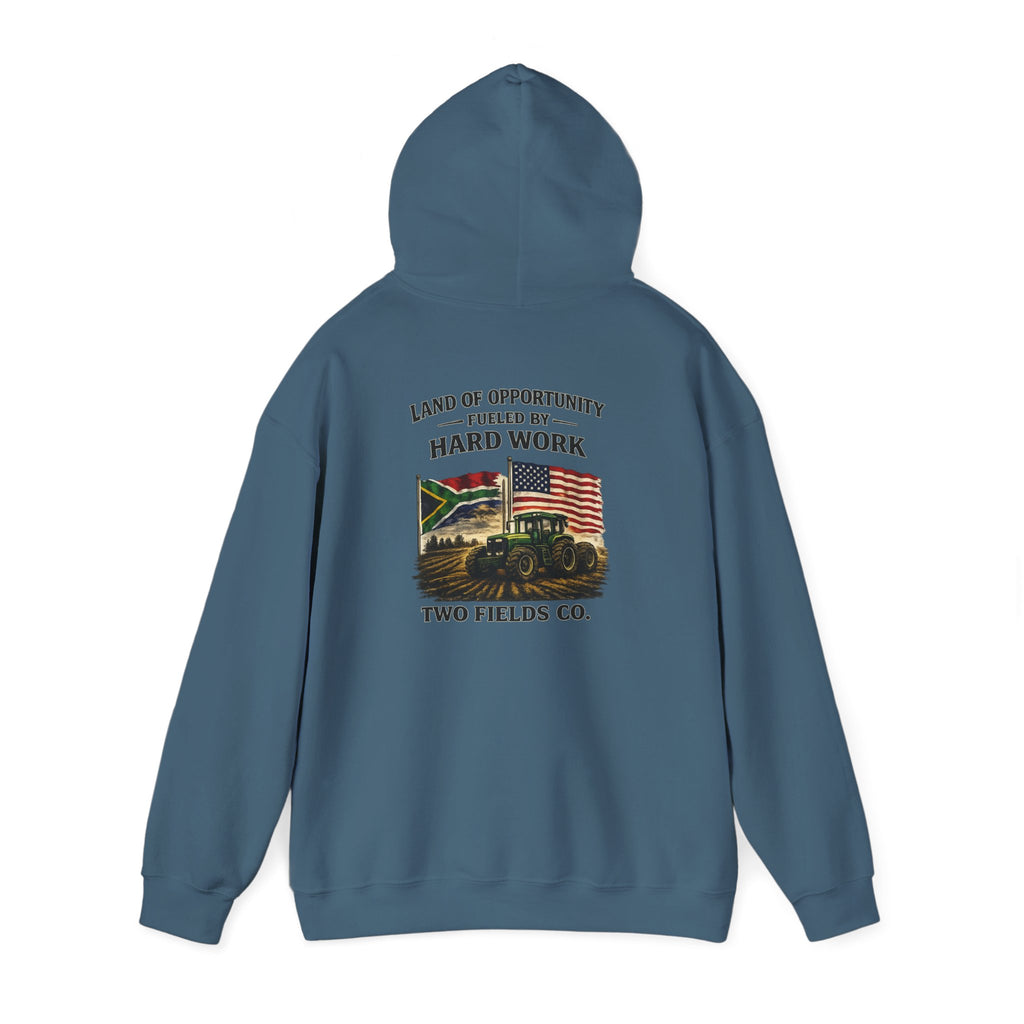 Teal hoodie with hood and back tractor graphic with "Hard Work" text