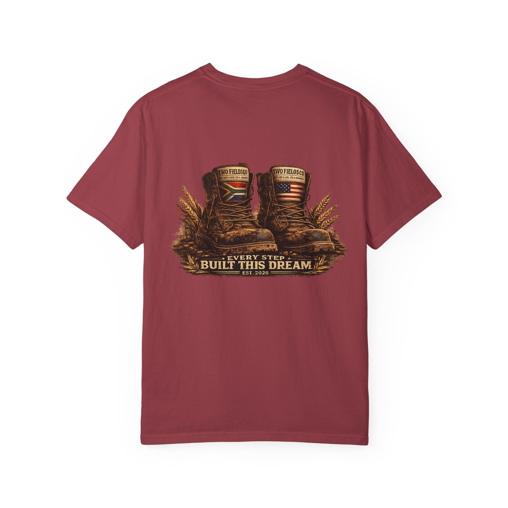 Maroon crew neck T-shirt with boots and “Every Step Built This Dream” graphic.