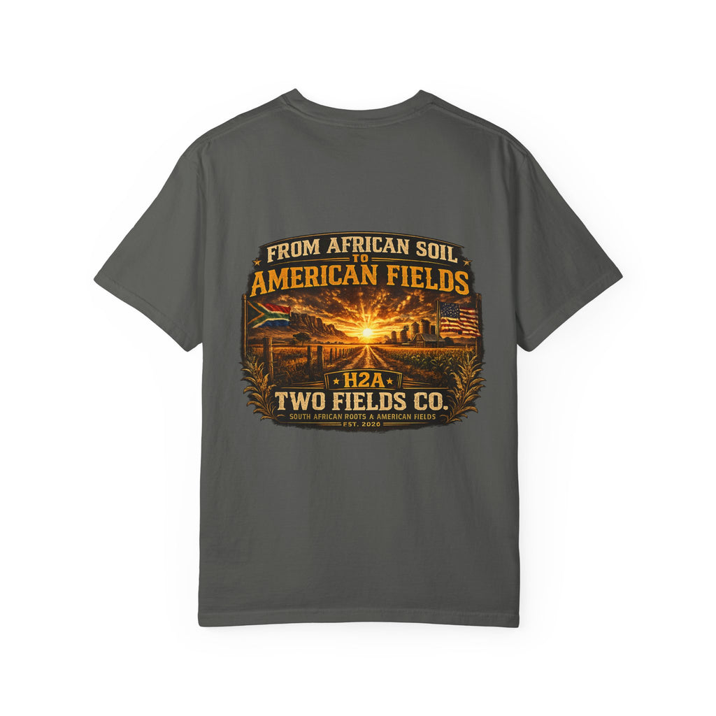 Dark gray T-shirt with large vintage farm sunset graphic and text