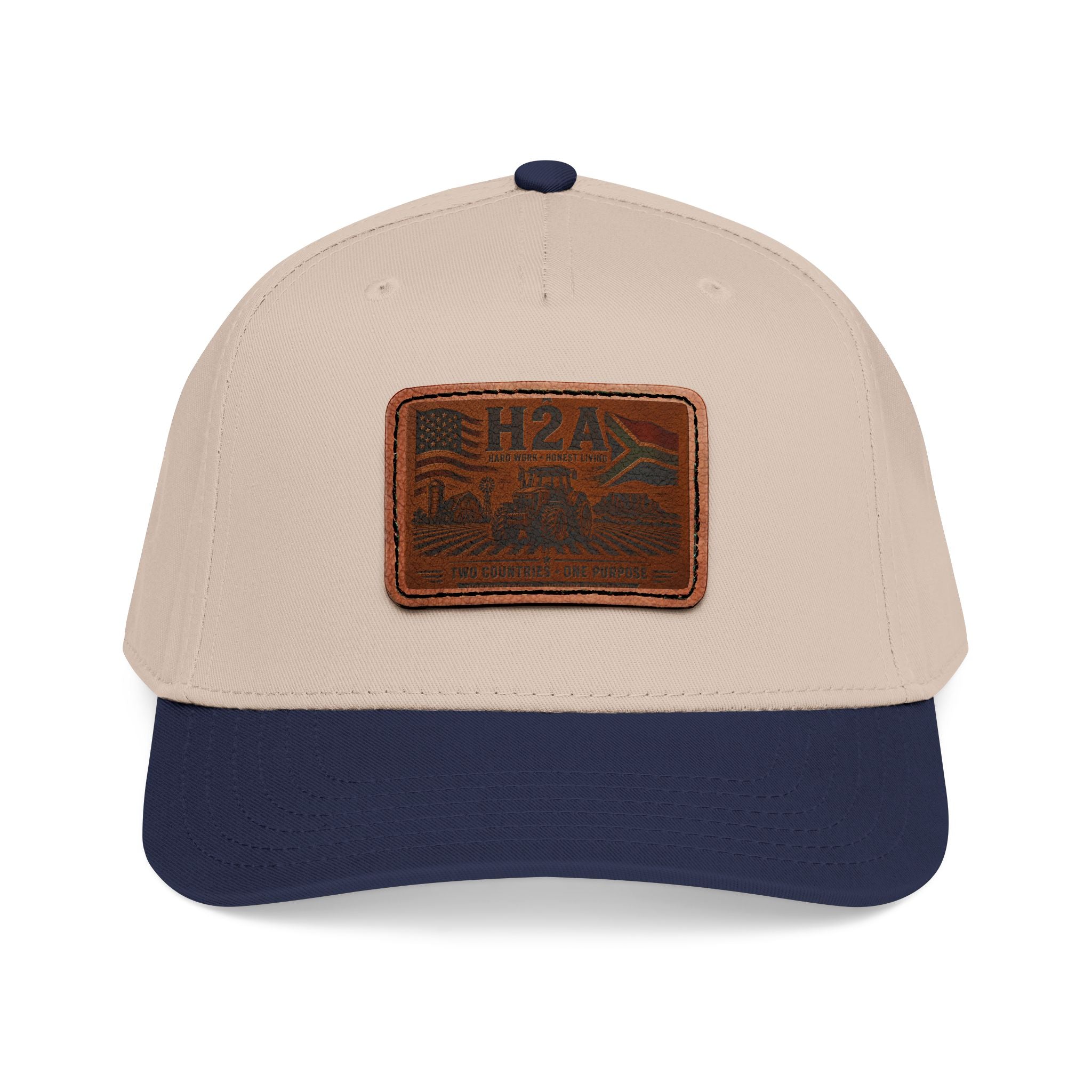Beige baseball cap with dark navy brim and rectangular H2A logo patch