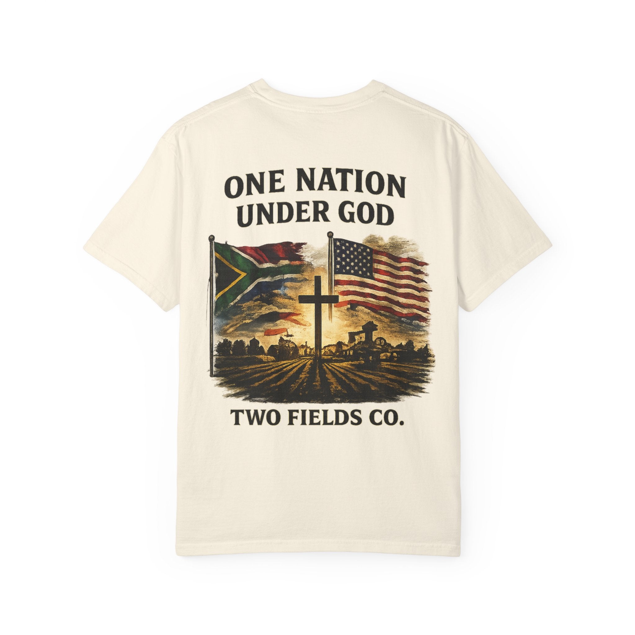 Cream T-shirt with large back graphic: cross, American flag scene, and patriotic text