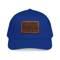 Two-tone leather patch baseball cap in royal blue and darker blue with H2A flag patch