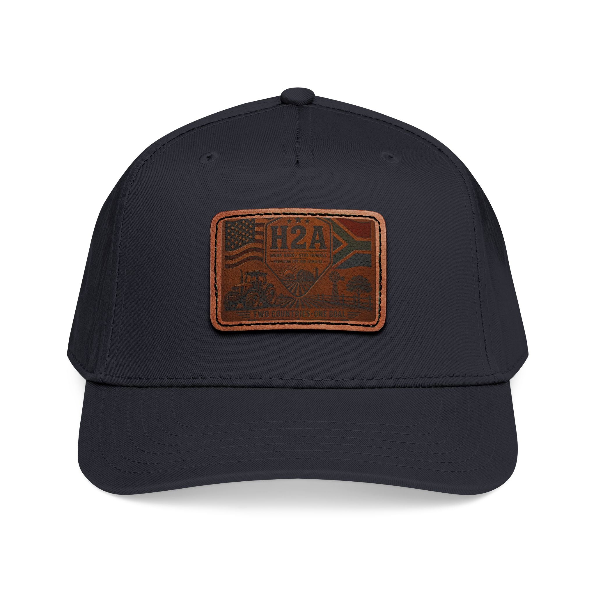 Navy baseball cap with rectangular leather H2A flag patch and dark brim