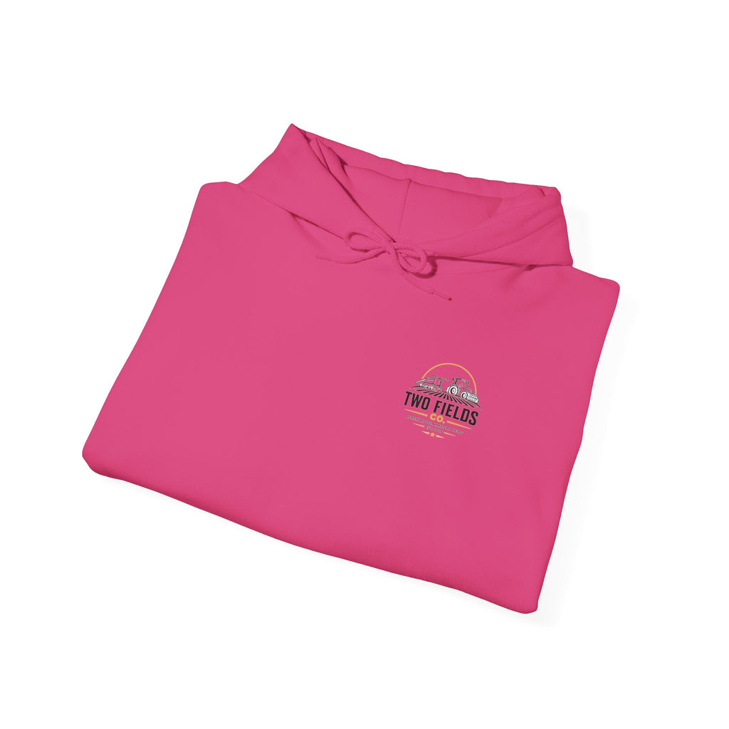 Fuchsia pullover hoodie laid flat, hooded neckline with small chest logo