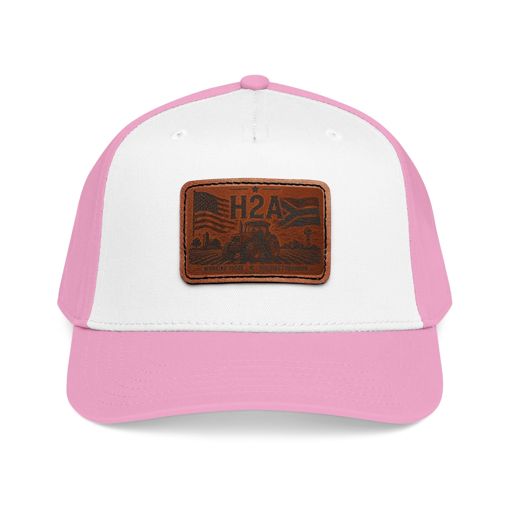 Pink trucker baseball cap with light pink brim and brown leather-look H2A patch.