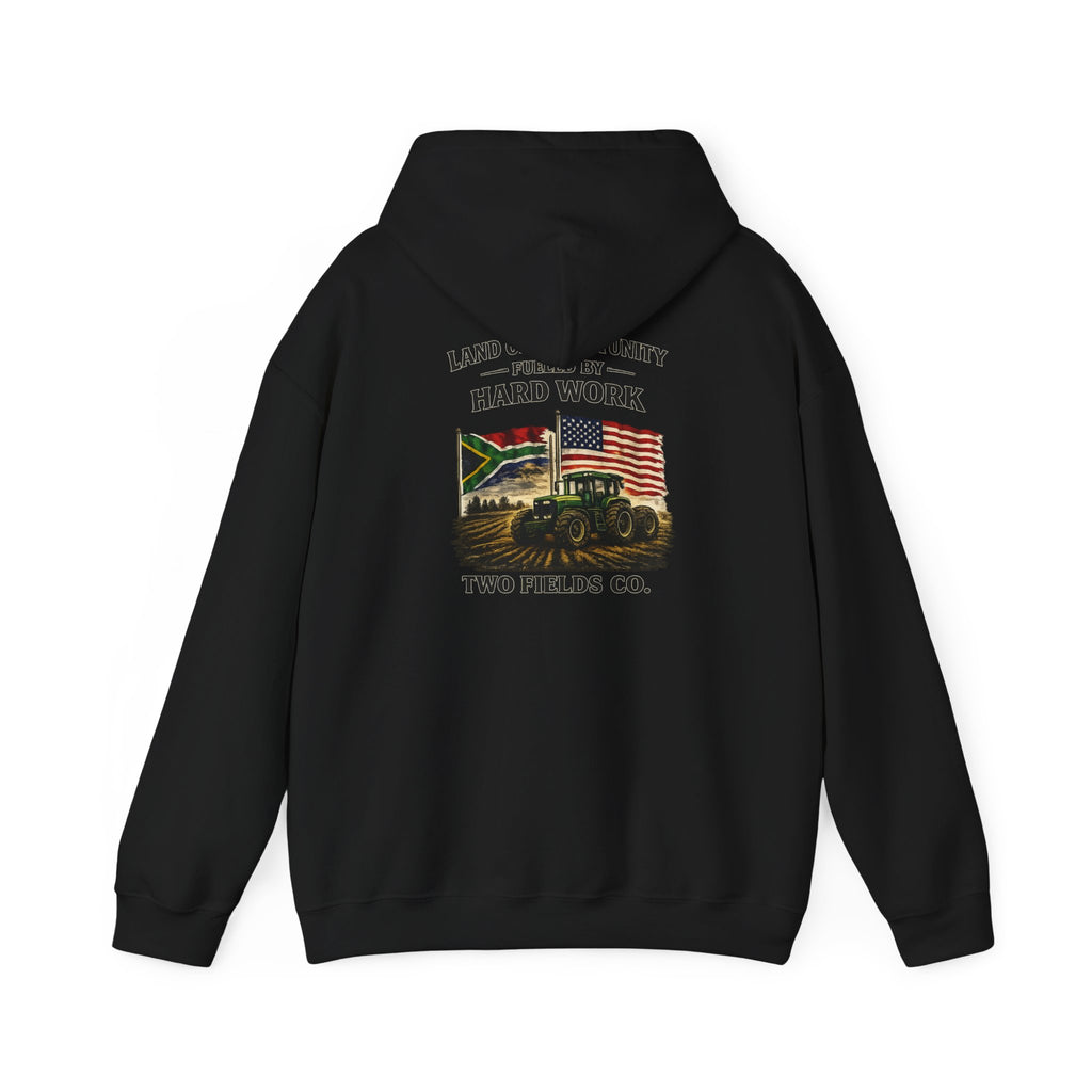 Black hoodie with front tractor graphic, “Hard Work” text, and “Two Fields Co.”