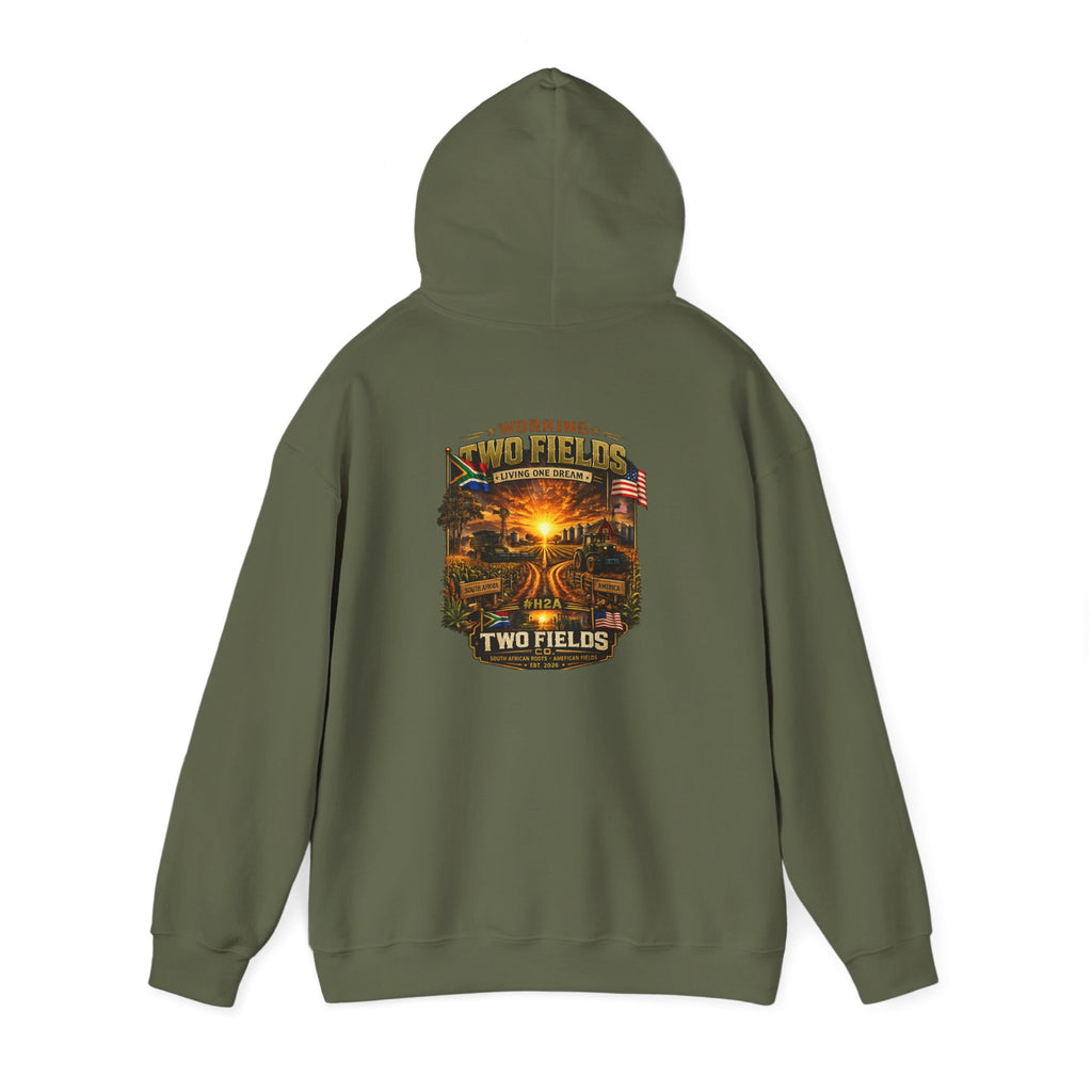 Olive green pullover hoodie back with Two Fields scenic farm graphic