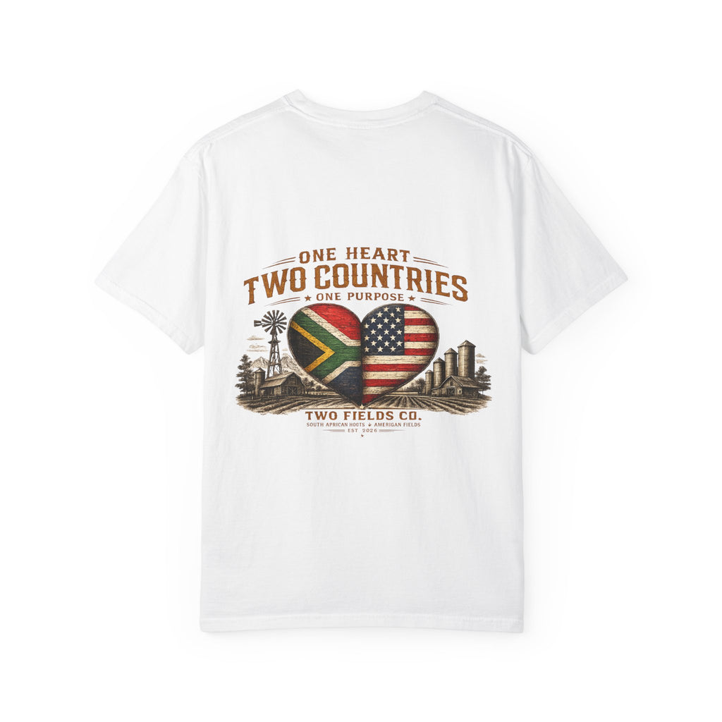 White T-shirt back print with heart flag graphic and text