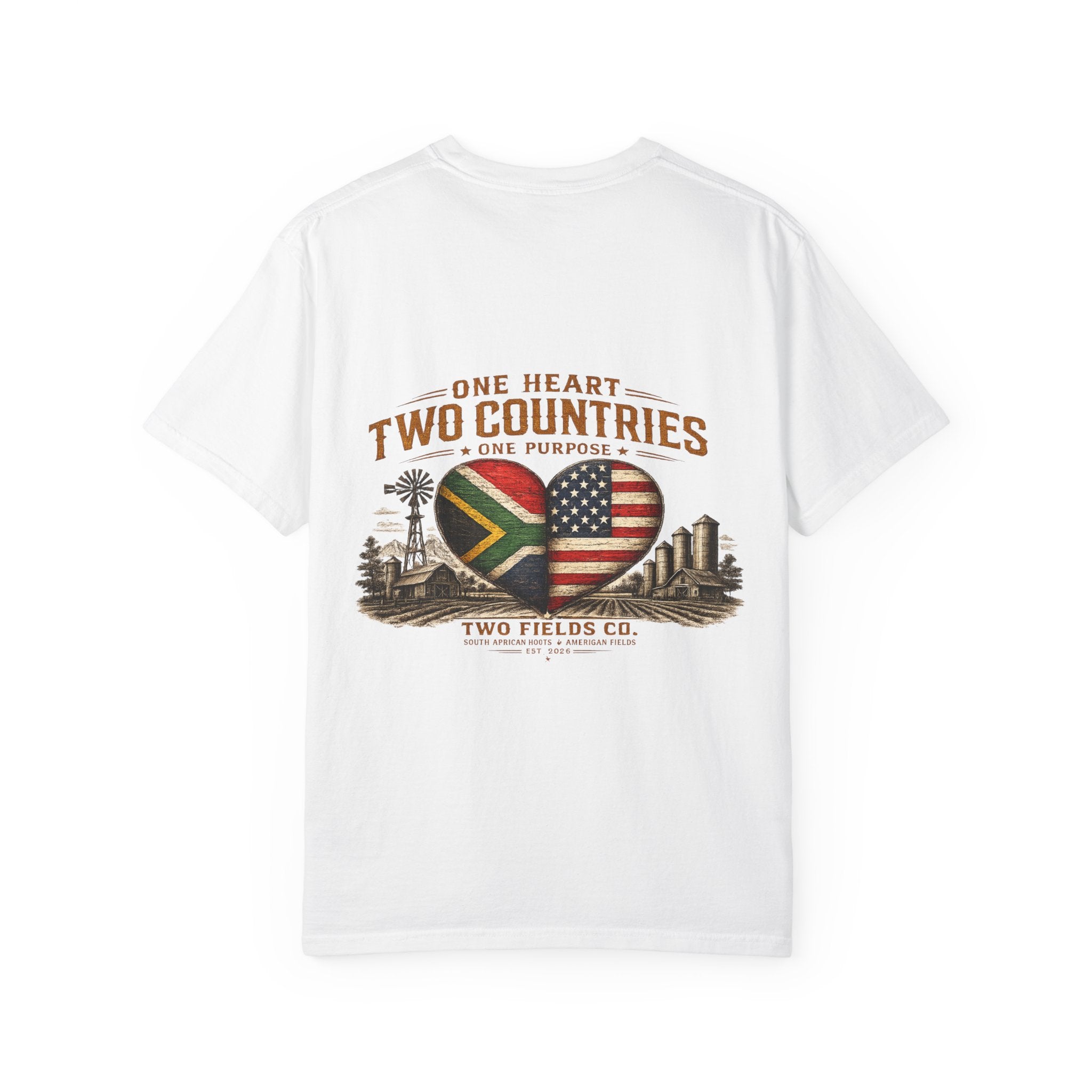 White T-shirt back print with heart flag graphic and text