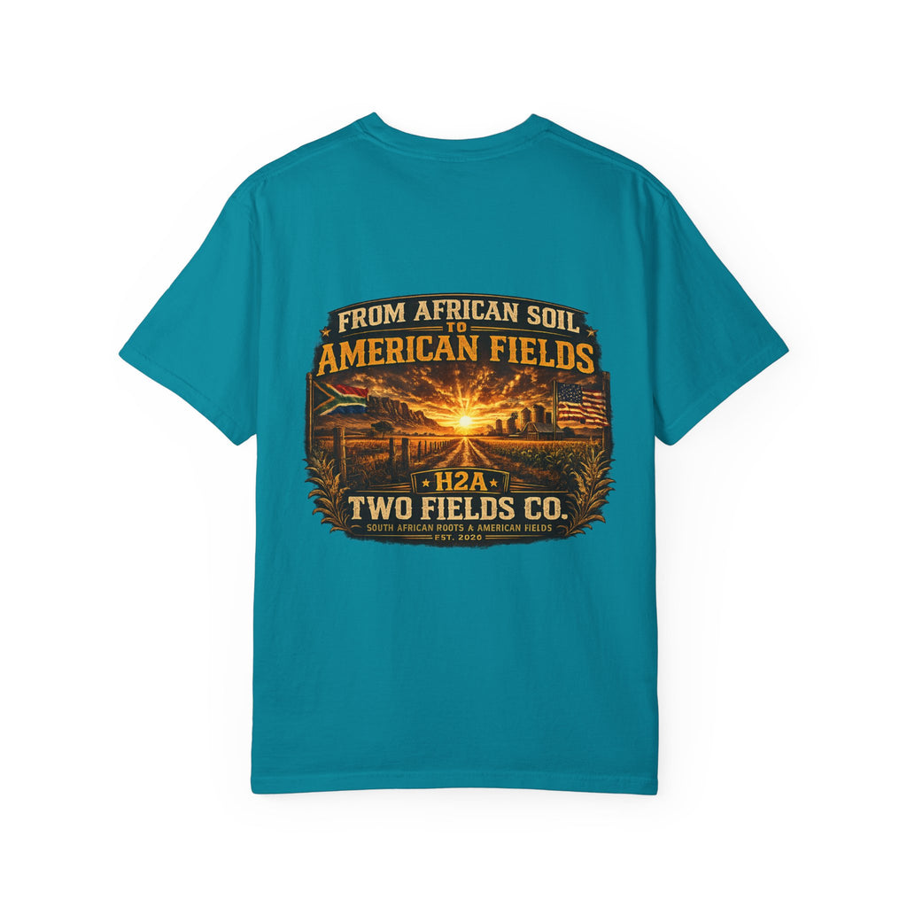 Teal t-shirt with vintage farm sunset graphic and “Two Fields Co.” branding