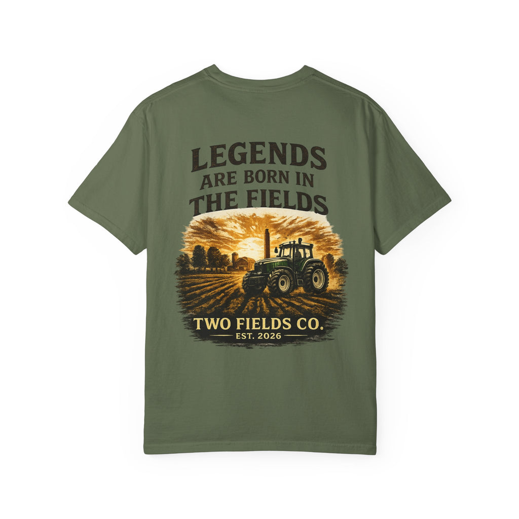 Olive short-sleeve T-shirt with large vintage tractor-in-field graphic
