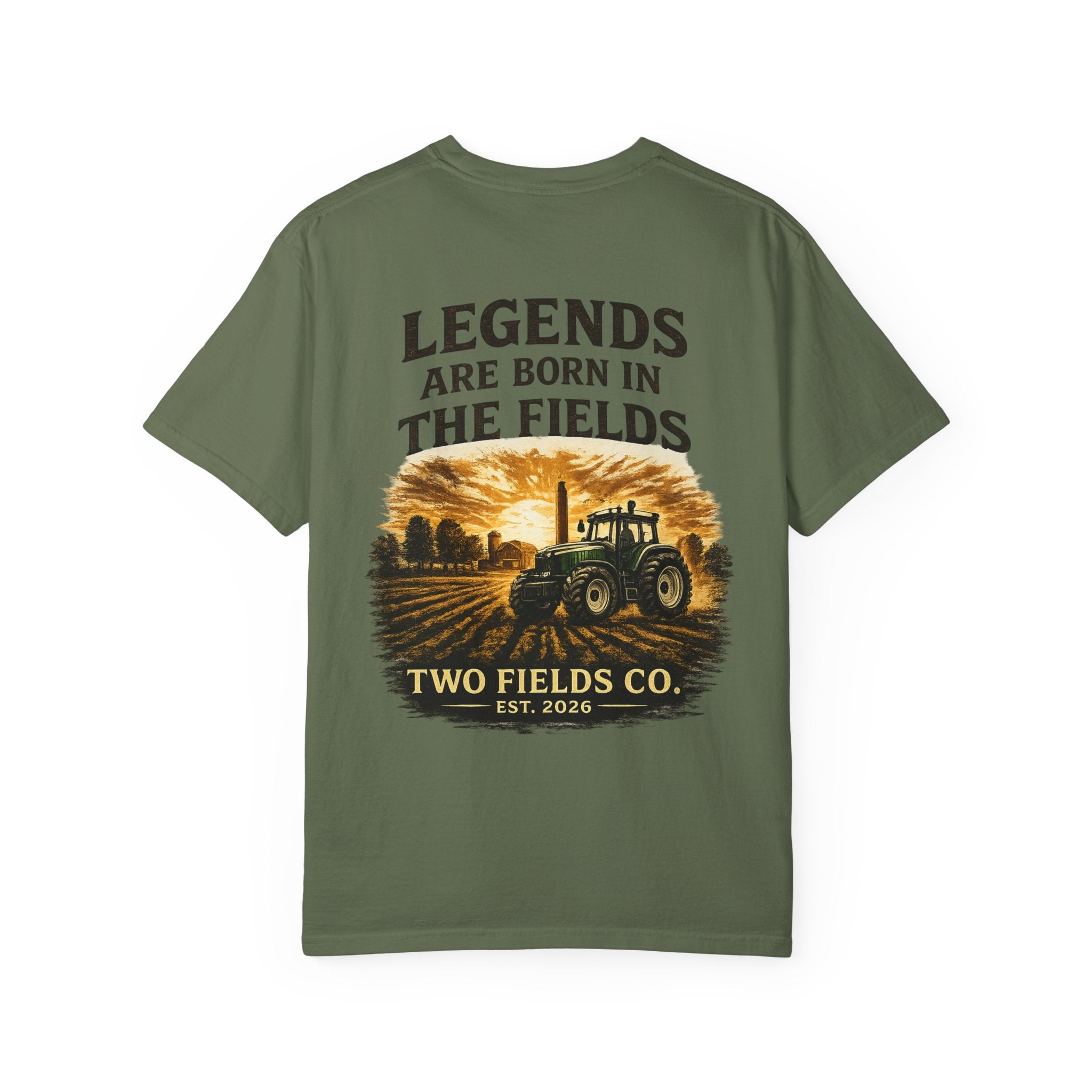Olive short-sleeve T-shirt with large vintage tractor-in-field graphic