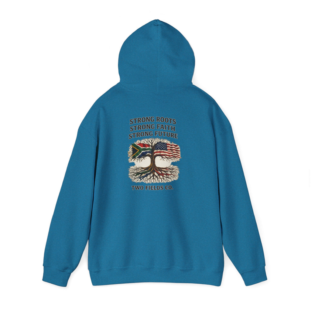 Teal back view hoodie with large central graphic and drawstring hood