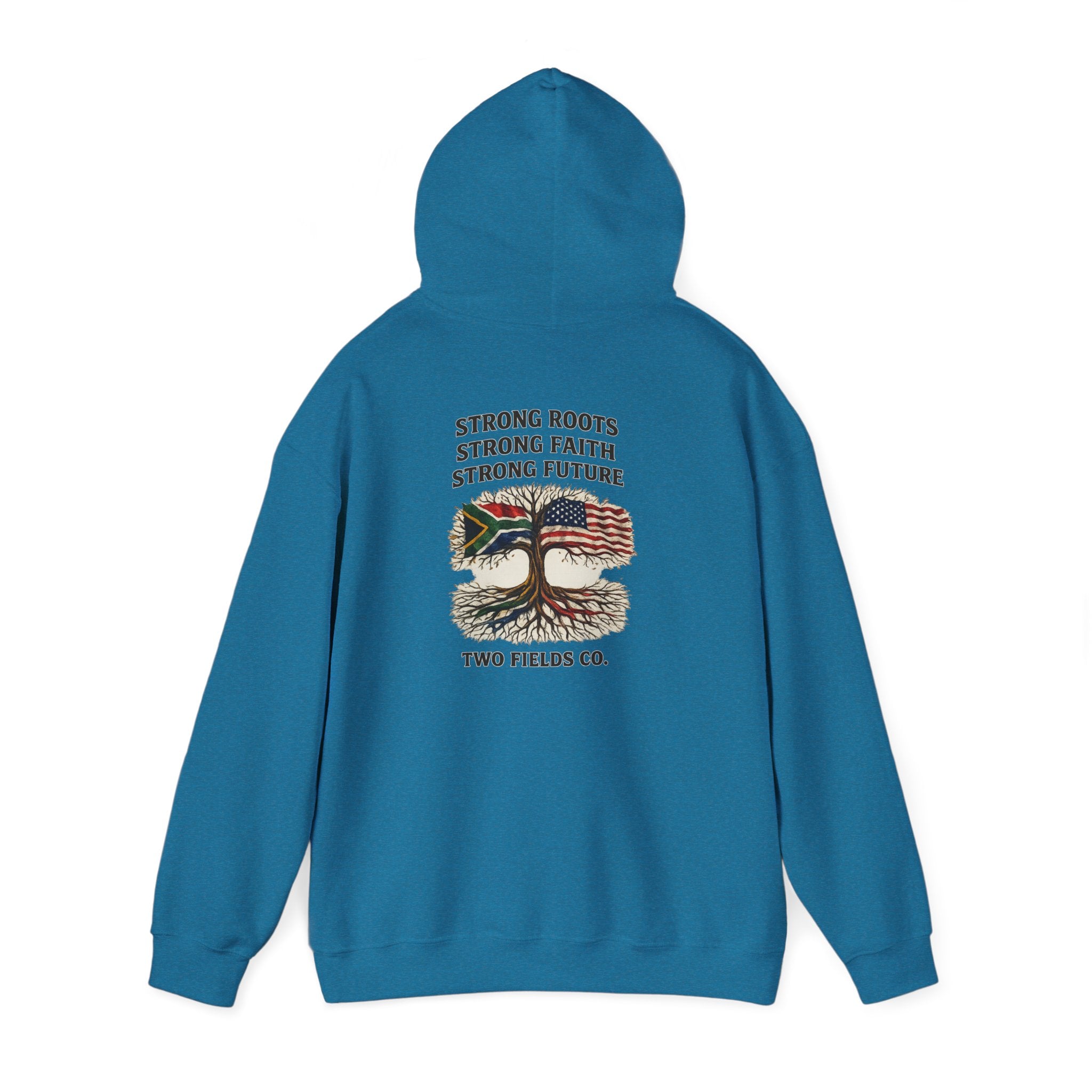 Teal back view hoodie with large central graphic and drawstring hood