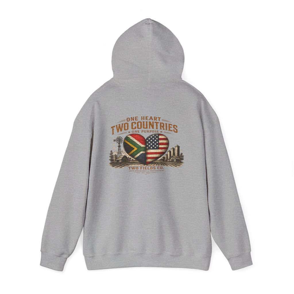 Light gray pullover hoodie, back view, with “One Heart, Two Countries” flag heart print