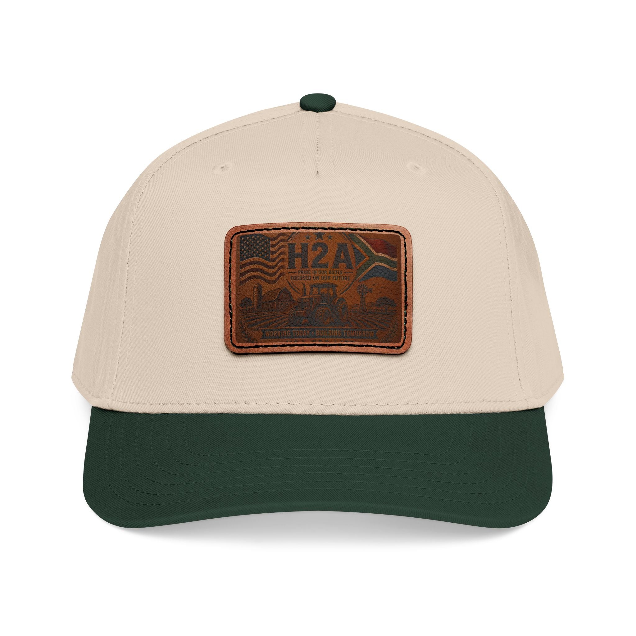 Two-tone baseball cap with H2A leather-style rectangle patch, light tan crown and dark green brim