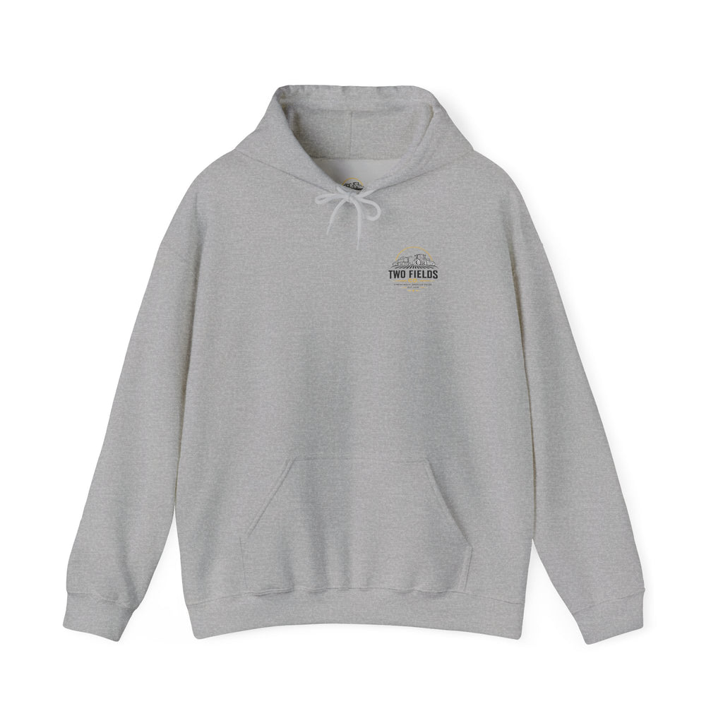 Light gray pullover hoodie with drawstring hood, kangaroo pocket, and small chest logo