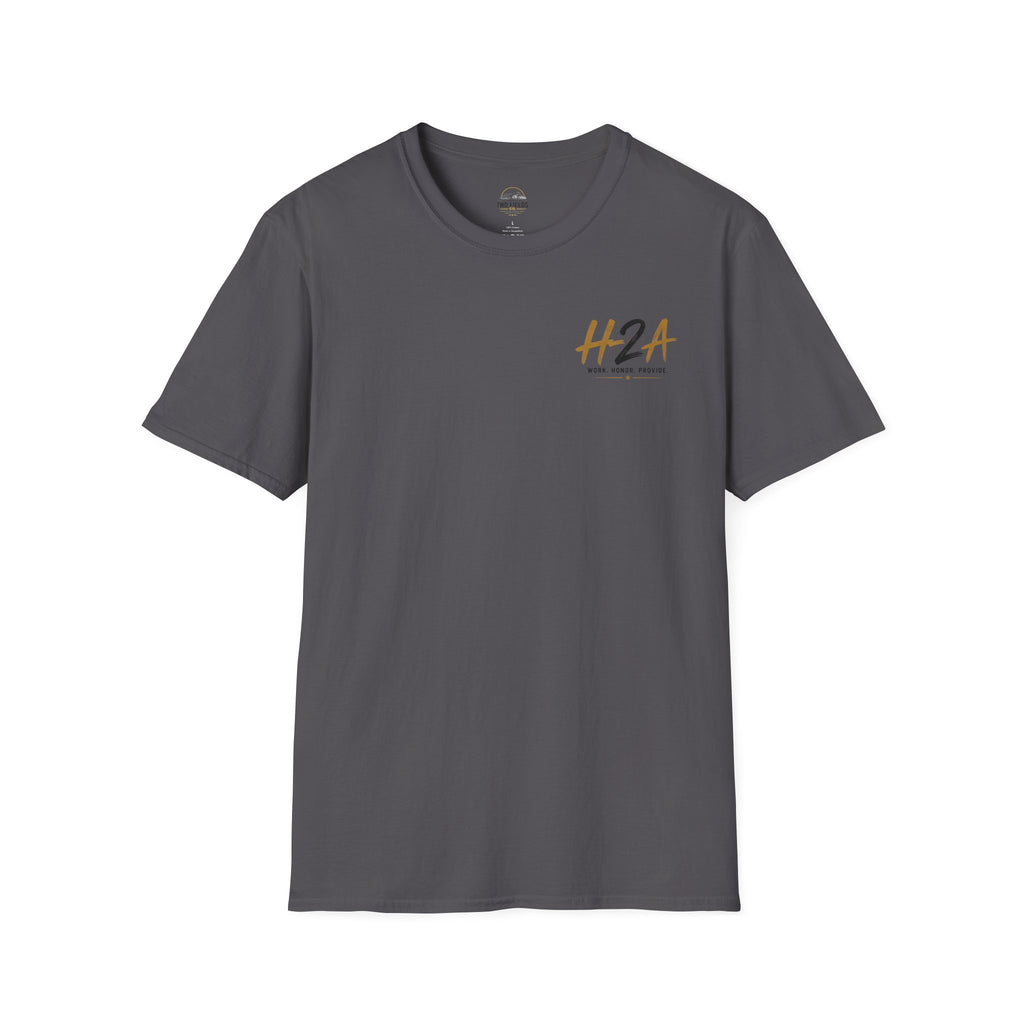 Unisex T-shirt in charcoal gray with small H2A logo on the chest