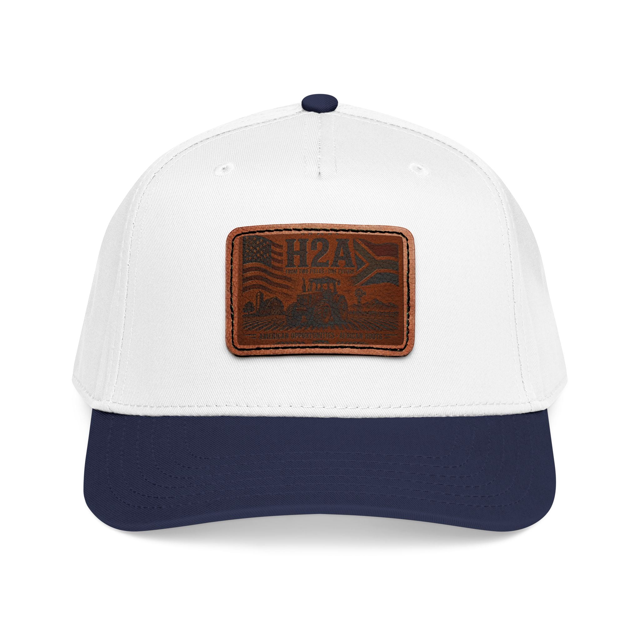 Baseball cap with white crown, dark navy brim, rectangular leather H2A patch