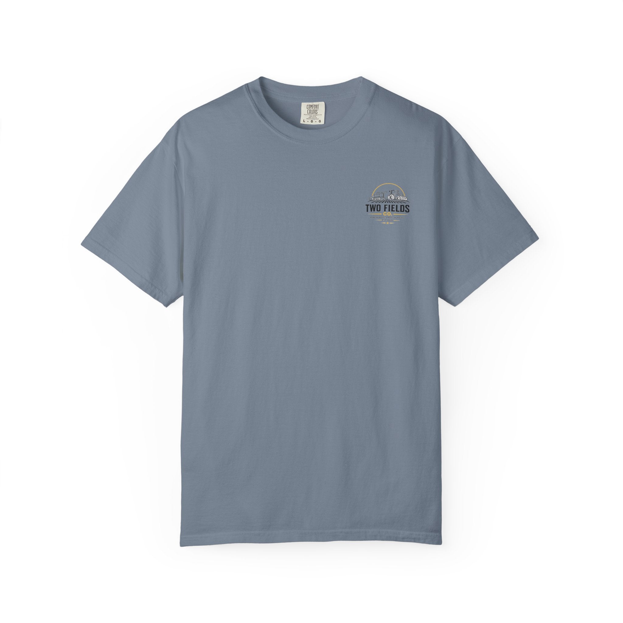 Two Fields tractor T-shirt, slate blue, small chest logo