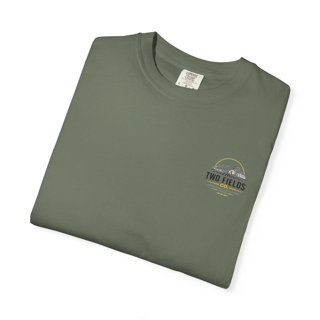 Olive green T-shirt with small Two Fields logo on chest